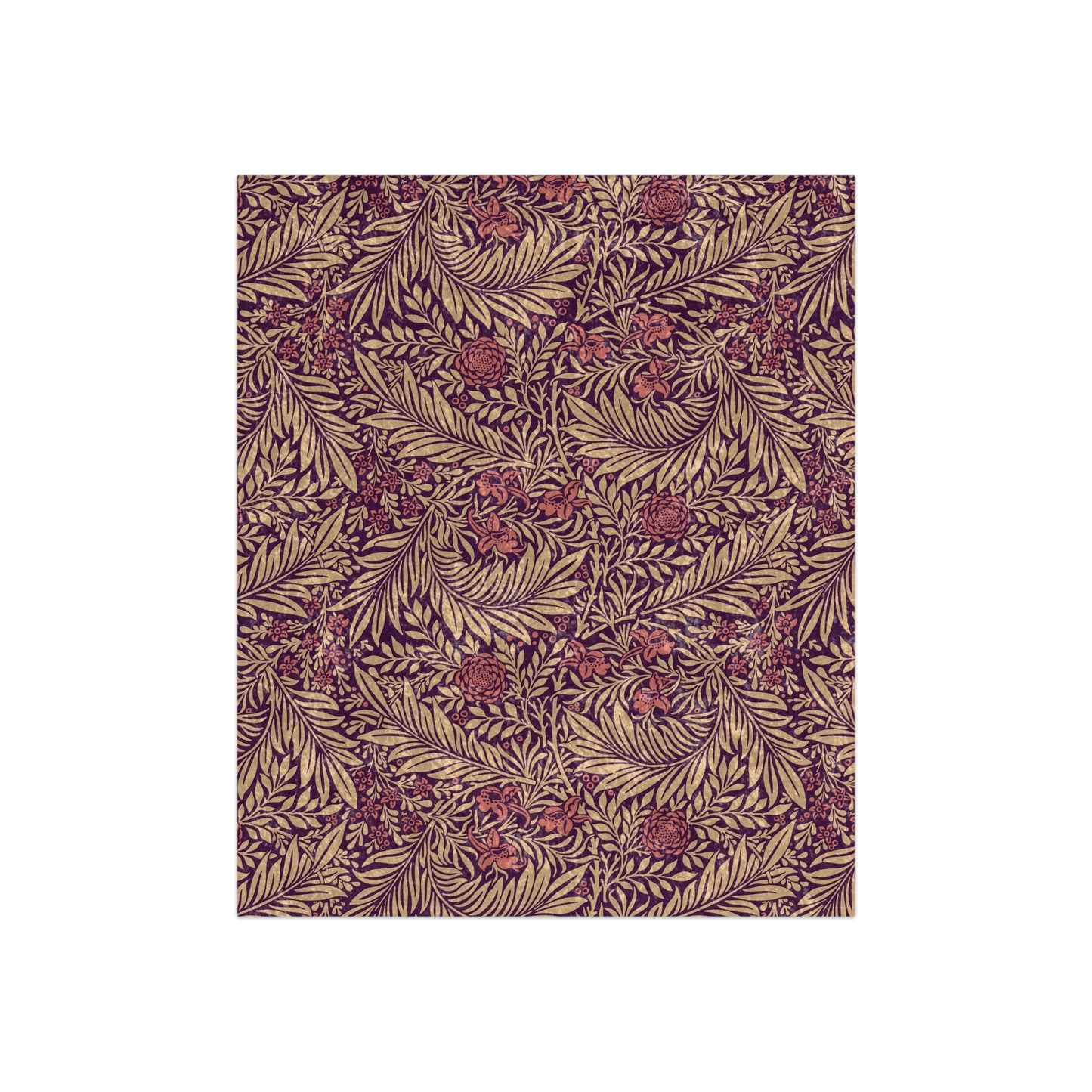 A red and brown William Morris & Co  floral patterned velvet blanket with hemmed edges and a silky finish.