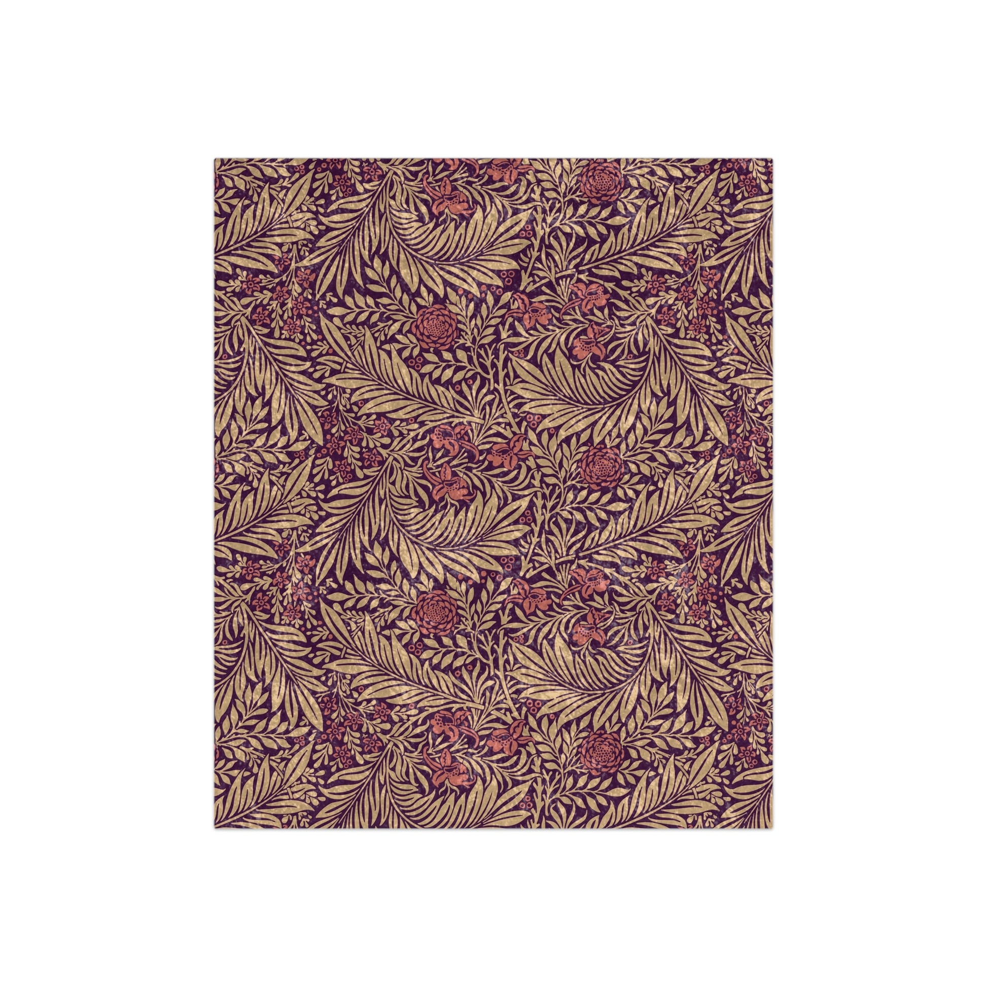 A red and brown William Morris & Co  floral patterned velvet blanket with hemmed edges and a silky finish.