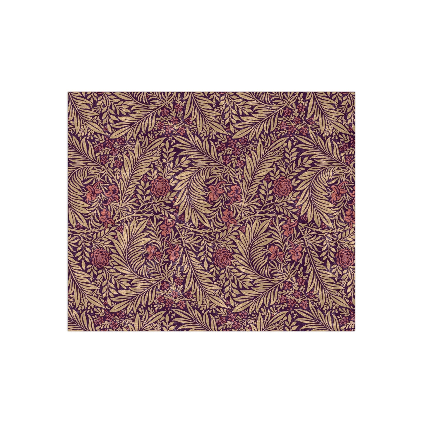 A red and brown William Morris & Co  floral patterned velvet blanket with hemmed edges and a silky finish.