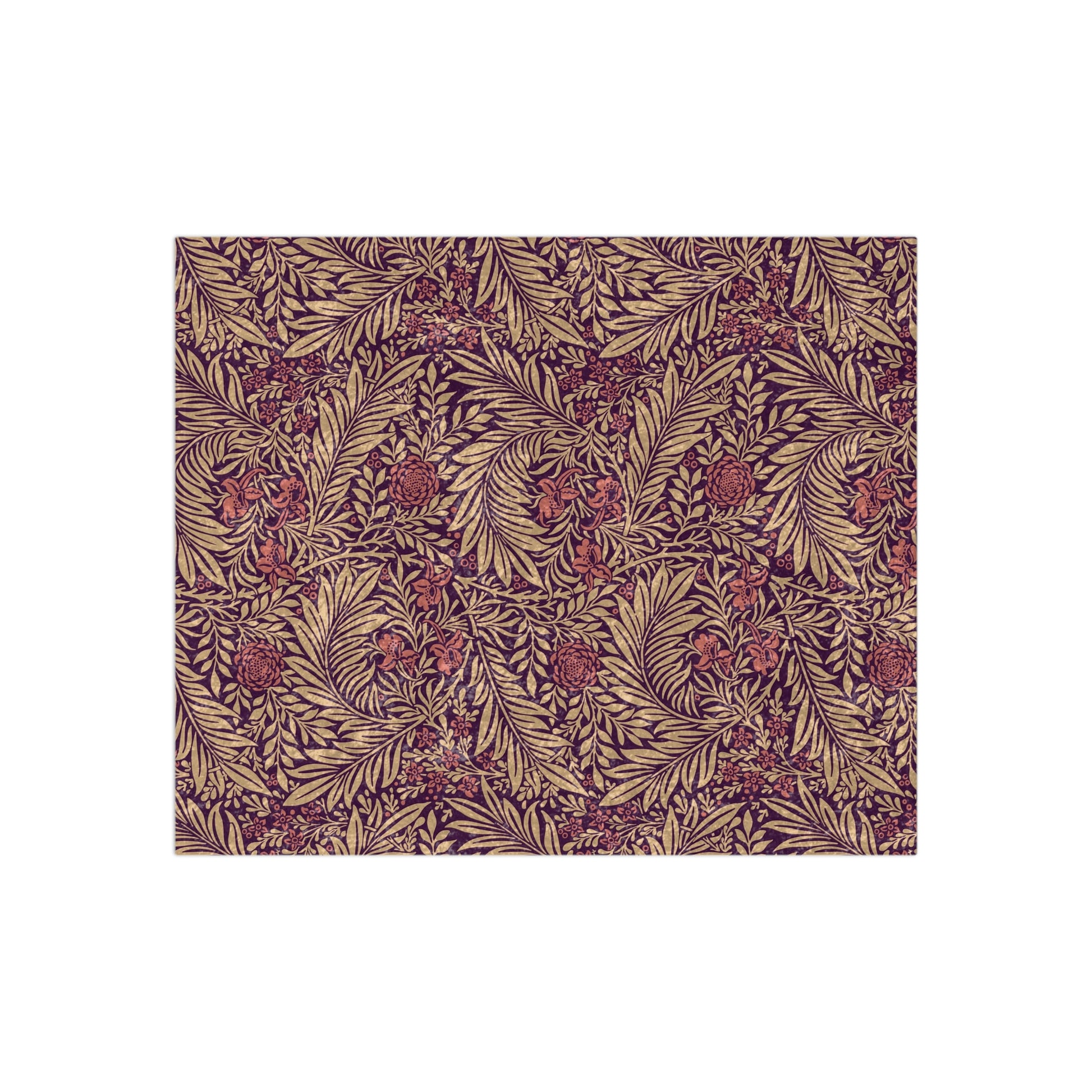 A red and brown William Morris & Co  floral patterned velvet blanket with hemmed edges and a silky finish.
