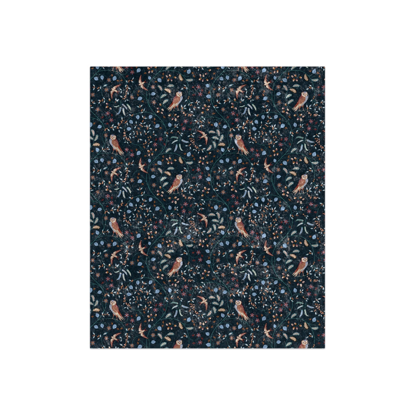 Patterned fabric swatch with birds and foliage on a dark background