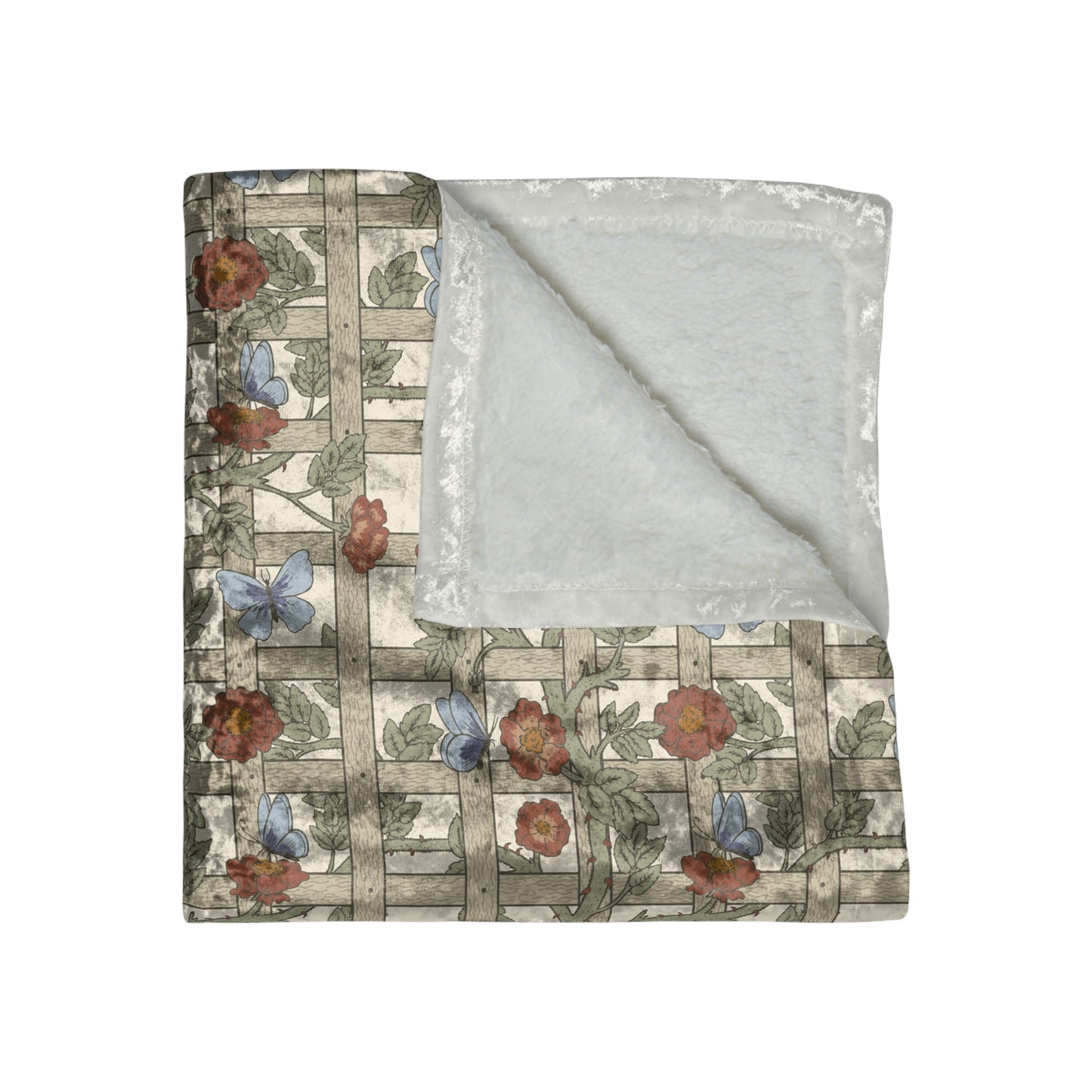 A crushed velvet blanket with a floral pattern inspired by William Morris & Co, displayed on a white background.