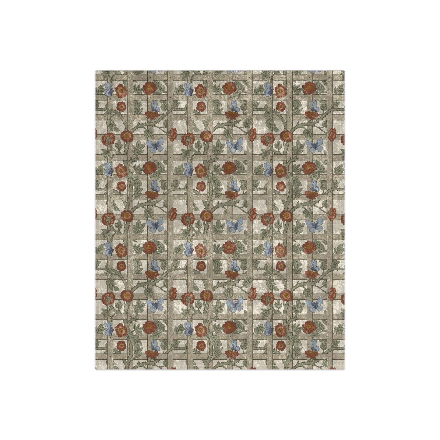 A crushed velvet blanket with a floral pattern inspired by William Morris, displayed on a white background.