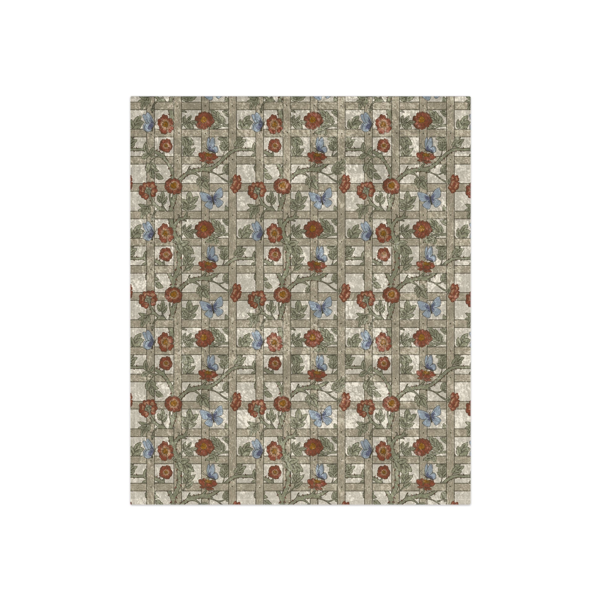 A crushed velvet blanket with a floral pattern inspired by William Morris, displayed on a white background.