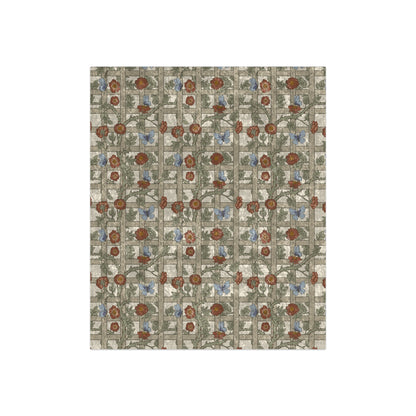 A crushed velvet blanket with a floral pattern inspired by William Morris, displayed on a white background.