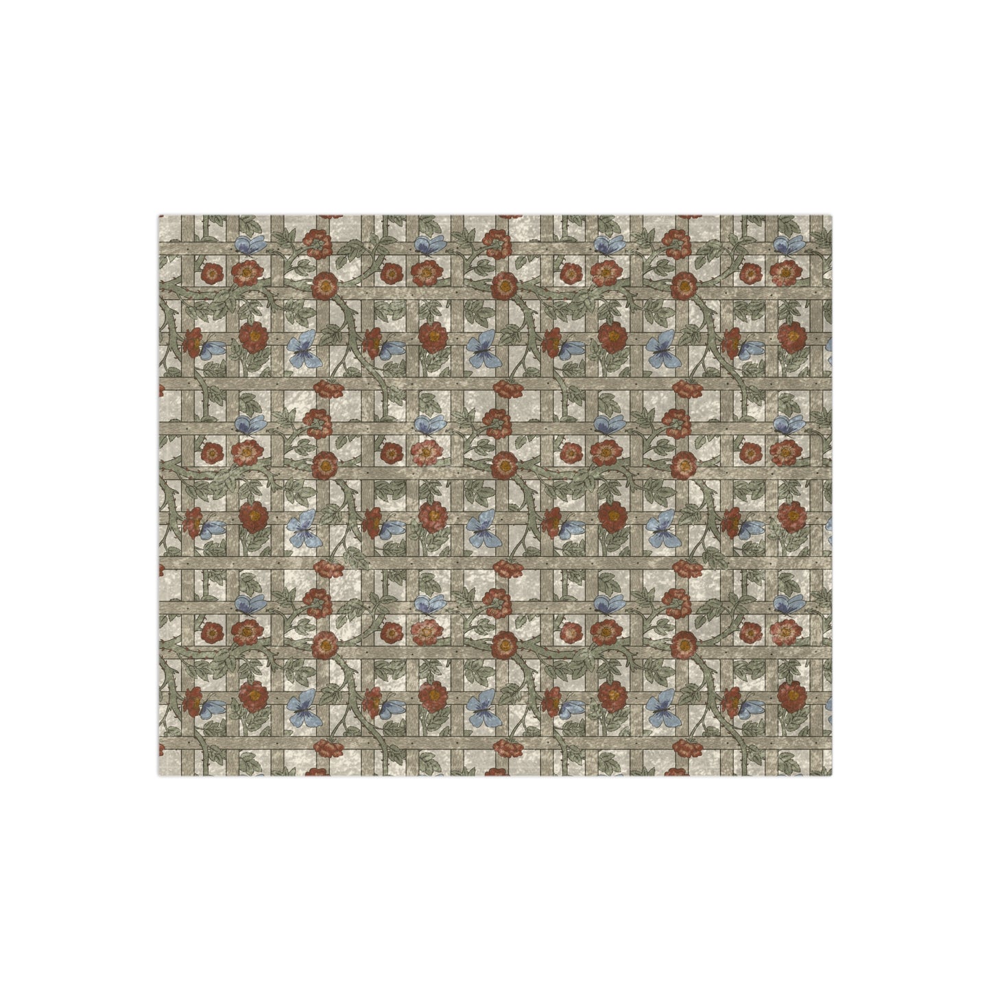 A crushed velvet blanket with a floral pattern inspired by William Morris & Co, displayed on a white background.