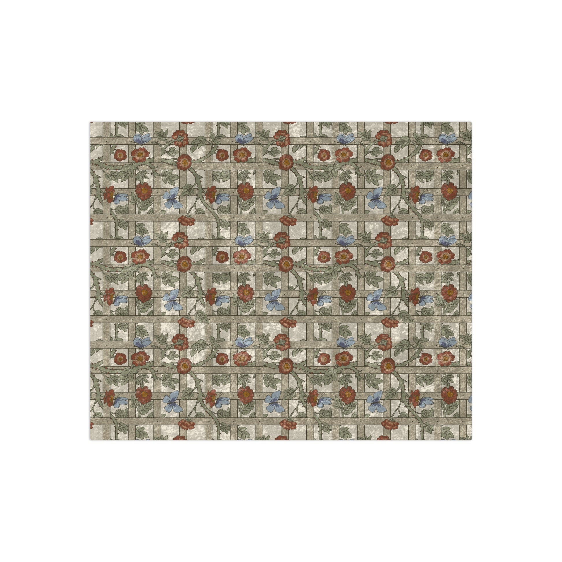 A crushed velvet blanket with a floral pattern inspired by William Morris & Co, displayed on a white background.