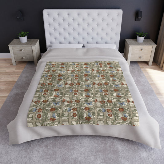 A crushed velvet blanket with a floral pattern inspired by William Morris & Co, displayed on a white background.