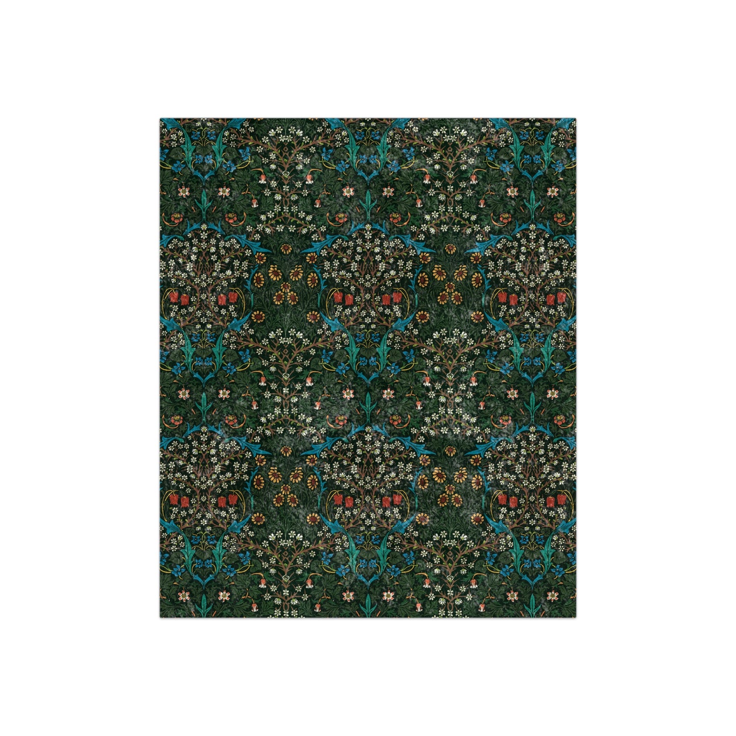 A rectangular blanket with a floral pattern inspired by William Morris, primarily in red and green shades.