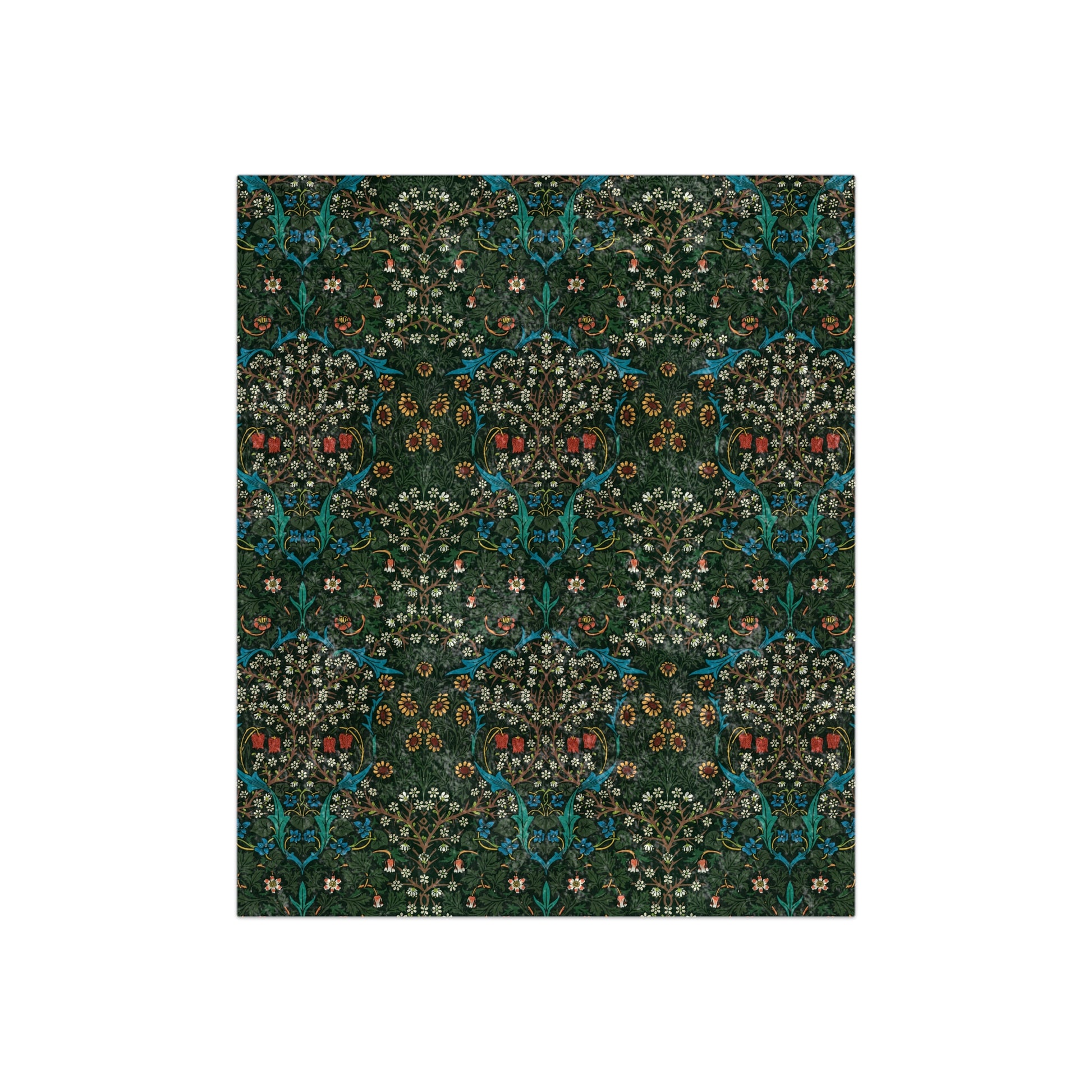 A rectangular blanket with a floral pattern inspired by William Morris, primarily in red and green shades.