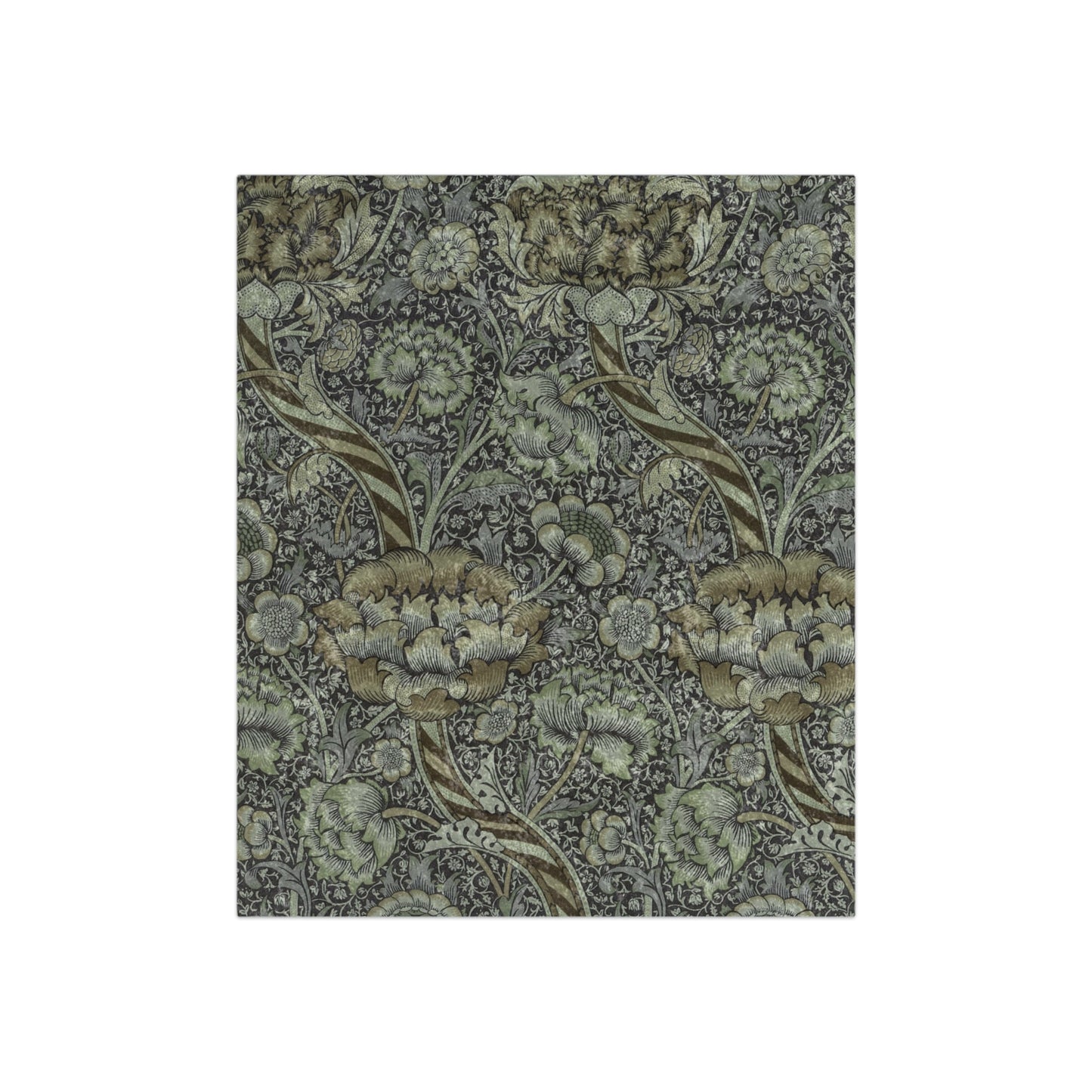 A gray lush crushed velvet blanket with a floral pattern inspired by William Morris, hemmed edges, displayed against a white background.