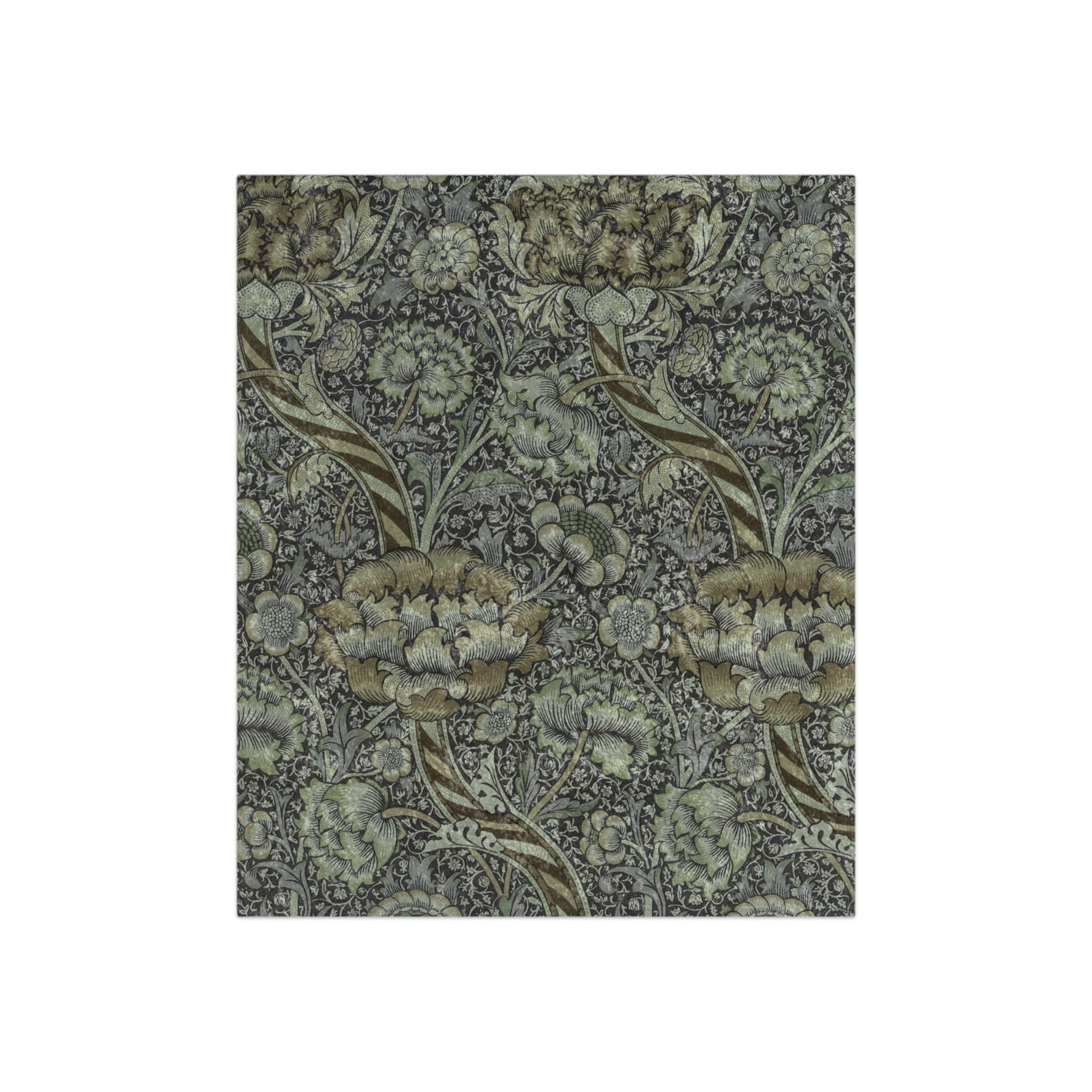 A gray lush crushed velvet blanket with a floral pattern inspired by William Morris, hemmed edges, displayed against a white background.