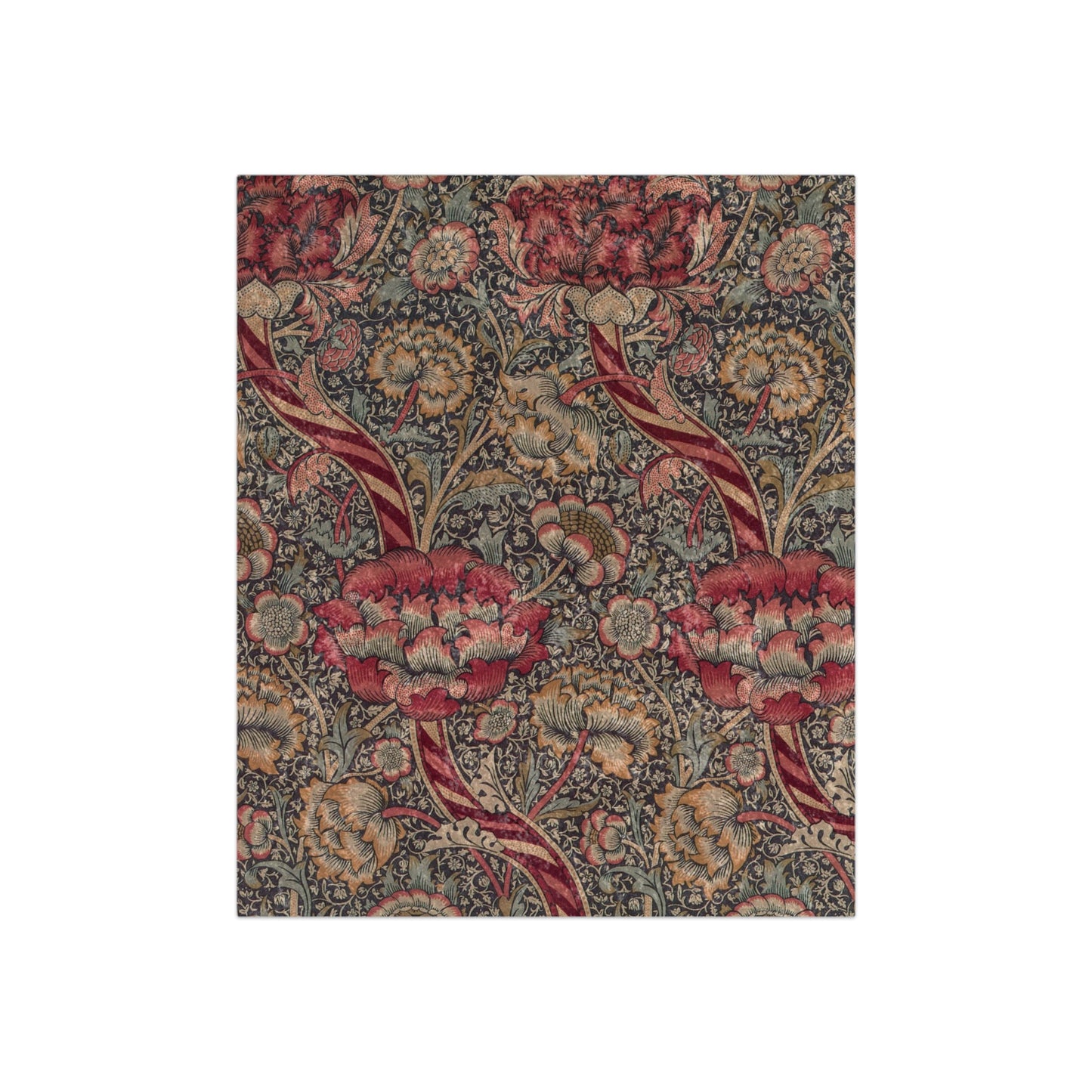 A lush crushed velvet blanket with a floral pattern in red and green colors inspired by William Morris - Wandle Collection.