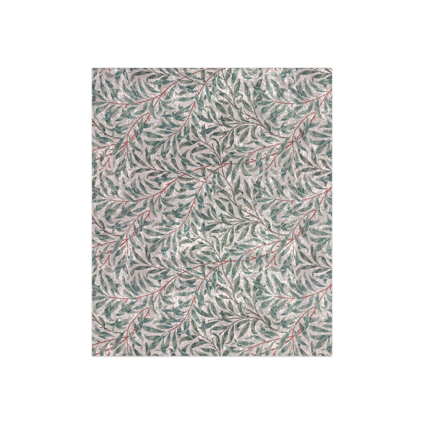 A crushed velvet blanket with a floral pattern in green and red on a white background, hemmed edges, and a silky finish.