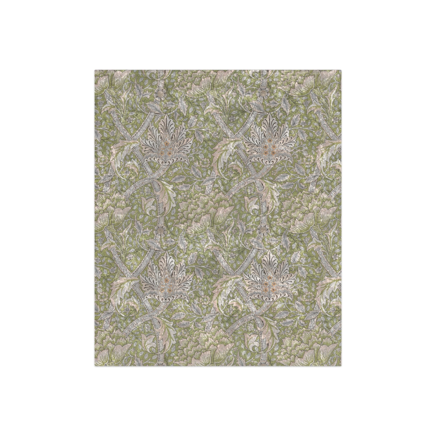 A plush, velvet blanket with a floral pattern in shades of green and beige, laid out with the soft side up.