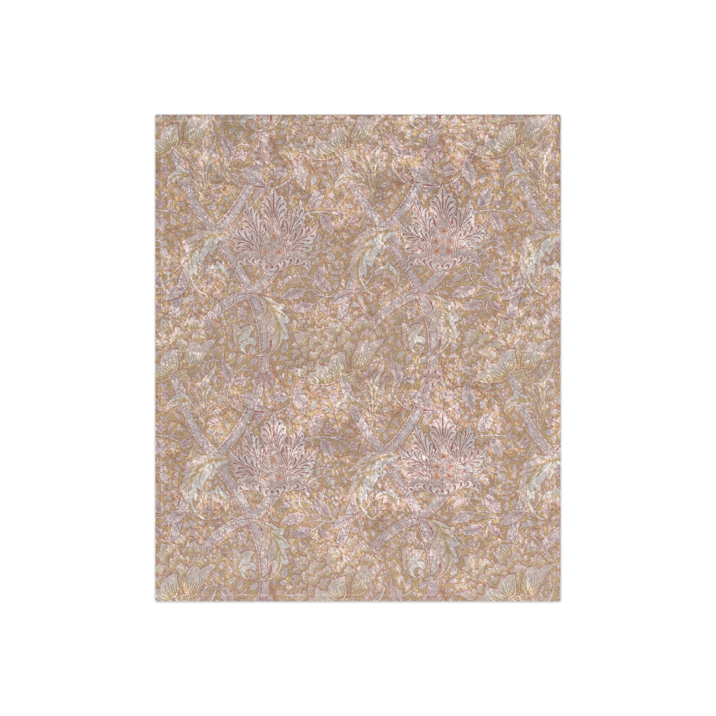 A plush, velvet blanket with a floral pattern in muted colors, folded to show both the front and back.