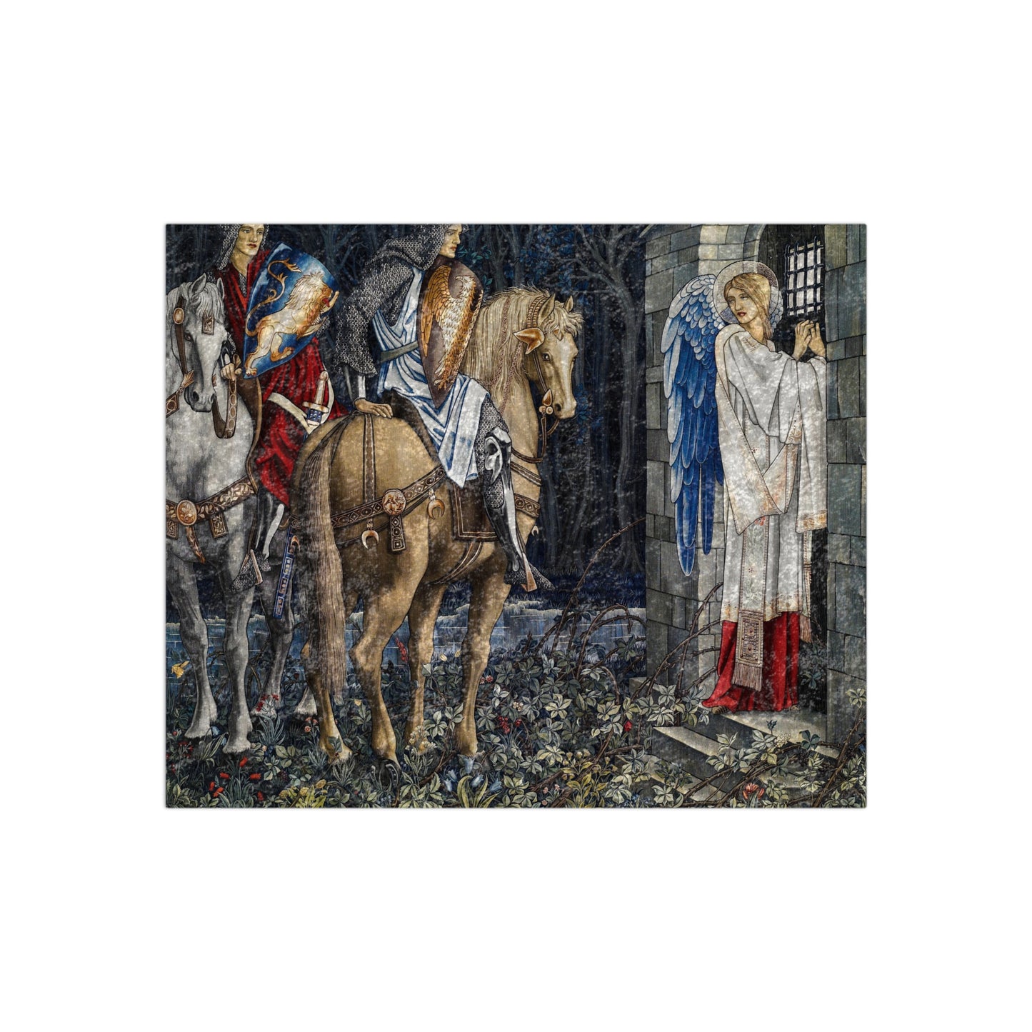 A crushed velvet blanket with a floral William Morris & Co pattern on a dark background, folded to show both sides.