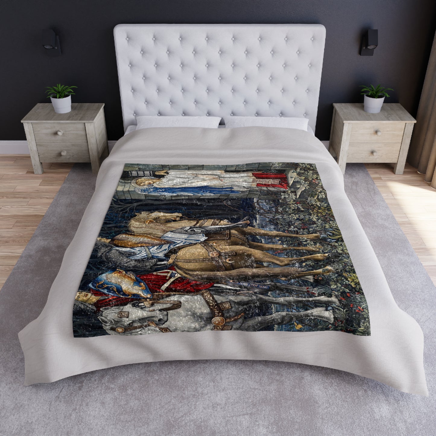 A crushed velvet blanket with a floral William Morris & Co pattern on a dark background, folded to show both sides.