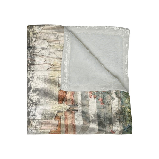 A crushed velvet blanket with a geometric pattern inspired by William Morris, featuring a mix of muted colours.