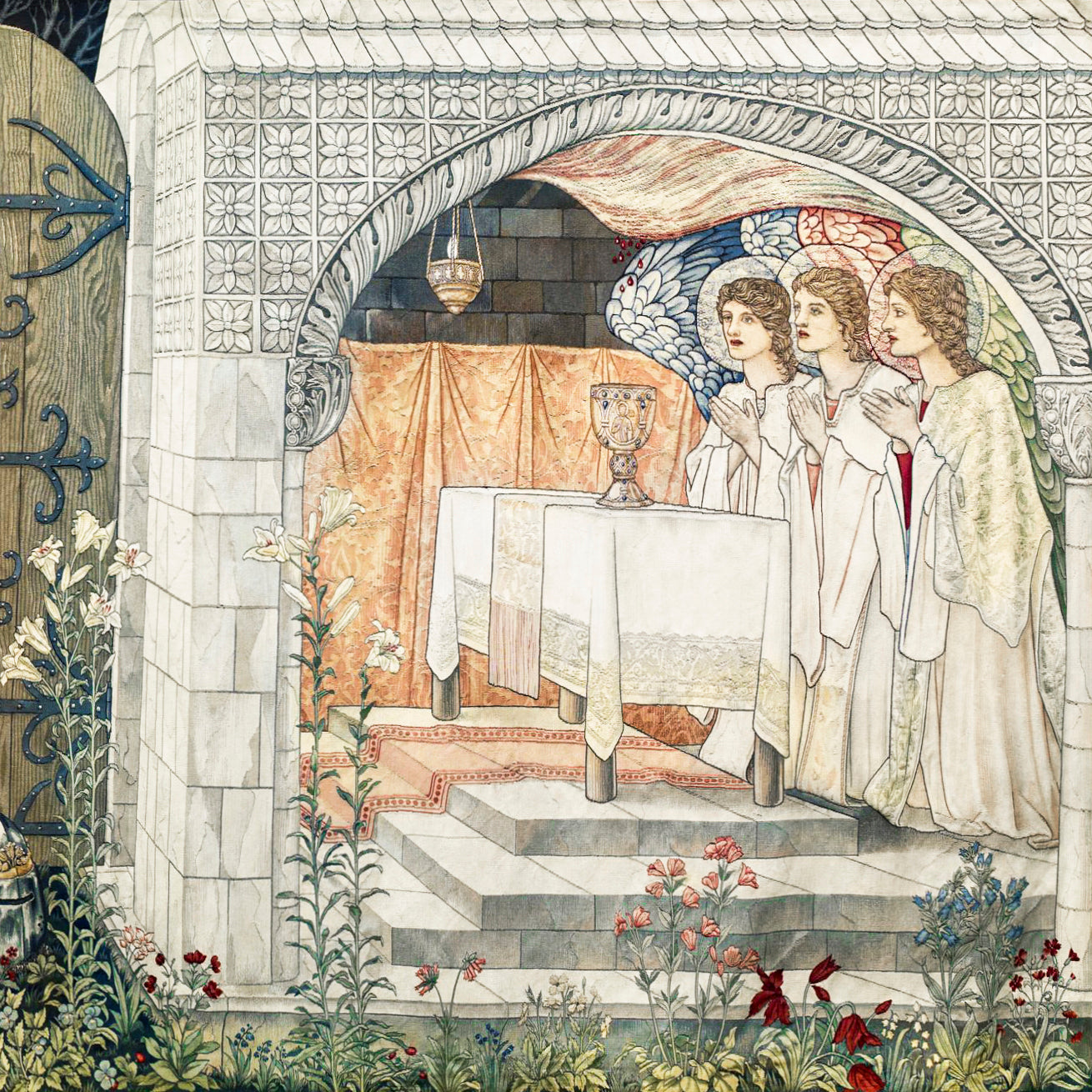 A crushed velvet blanket with a geometric pattern inspired by William Morris, featuring a mix of muted colours.