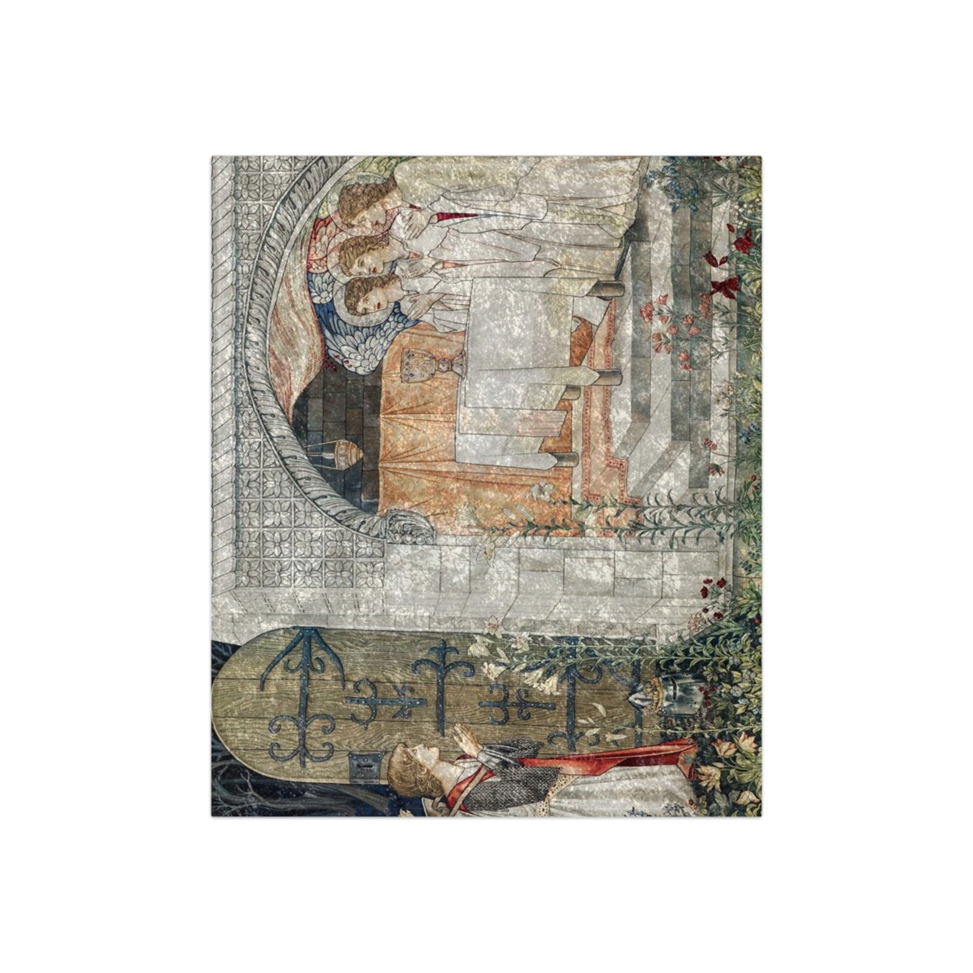 A section of a velvet blanket with a printed design inspired by William Morris, showcasing a floral pattern.