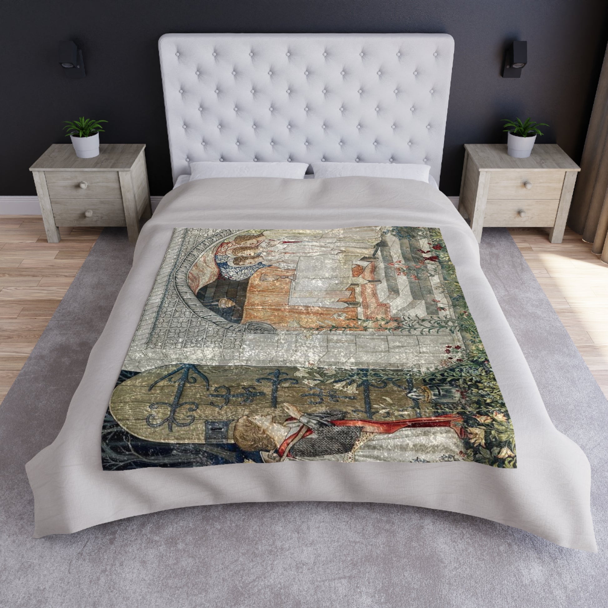 A crushed velvet blanket with a geometric pattern inspired by William Morris, featuring a mix of muted colors.