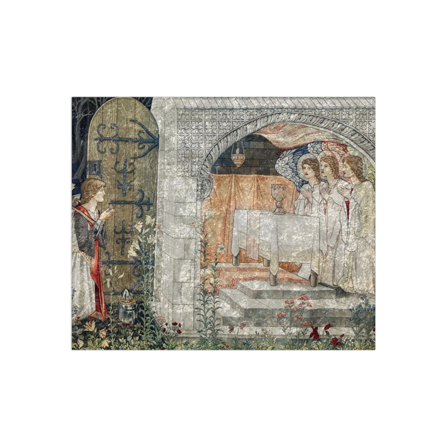 A crushed velvet blanket with a geometric pattern inspired by William Morris, featuring a mix of muted colours.