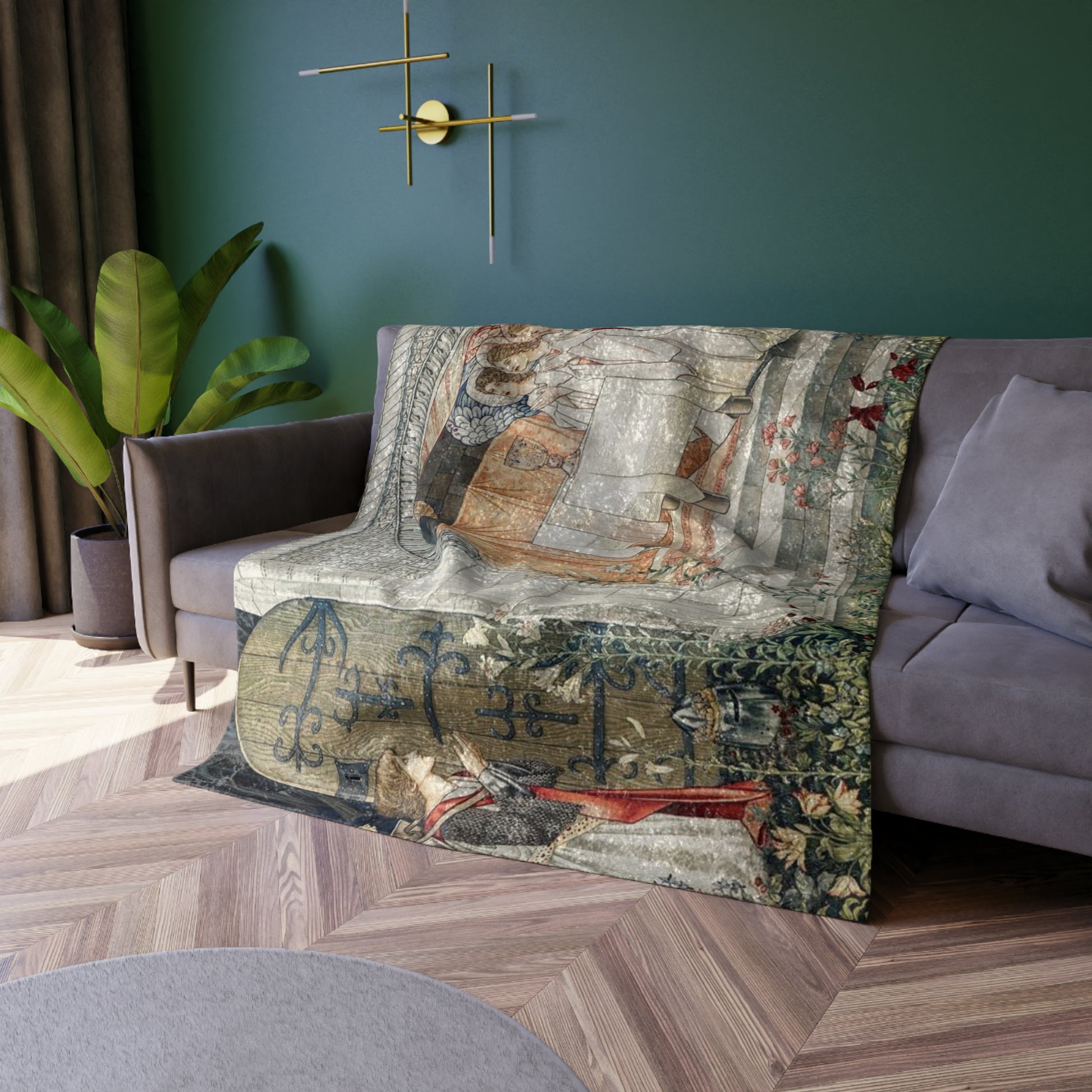 A crushed velvet blanket with a geometric pattern inspired by William Morris, featuring a mix of muted colours.