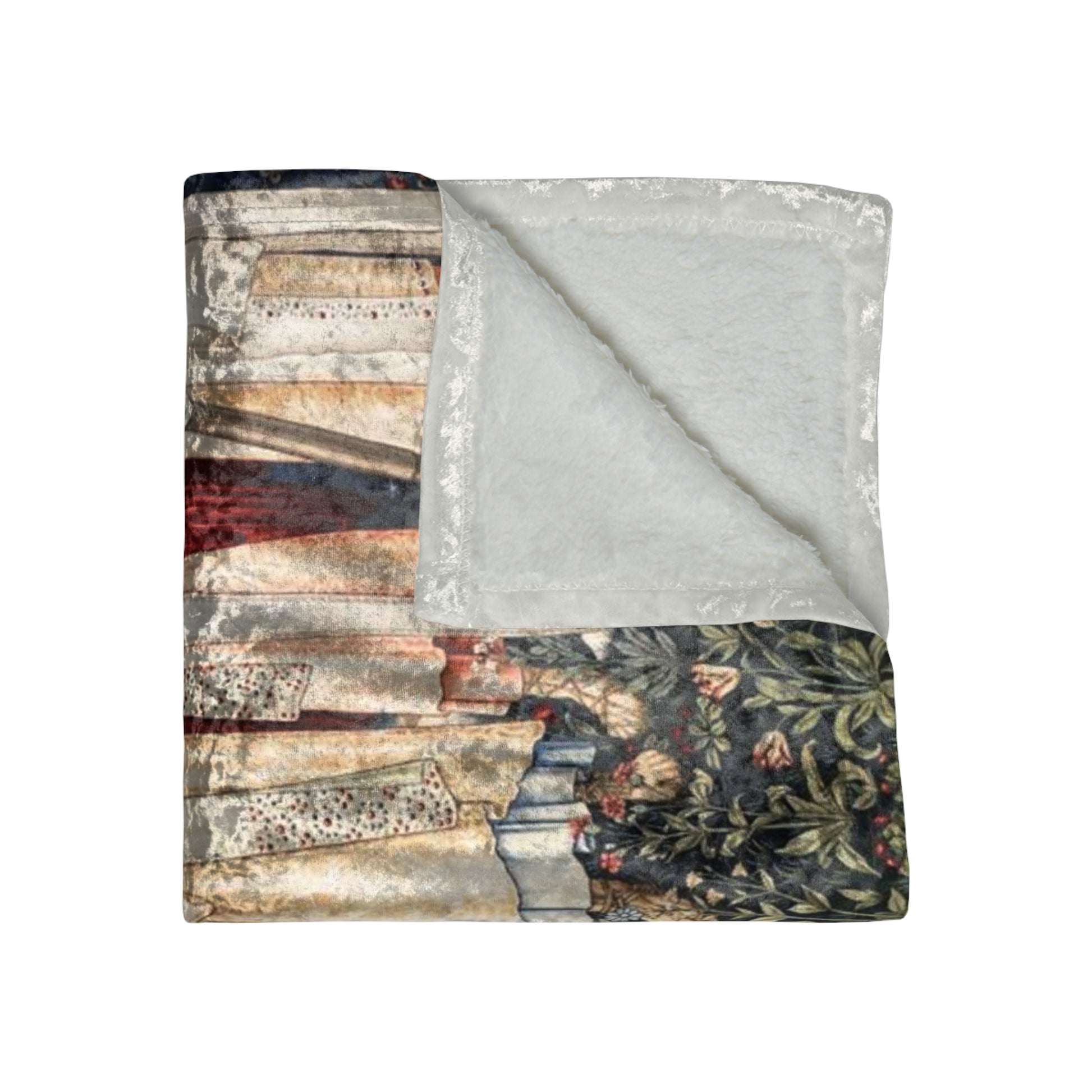 A crushed velvet blanket with a pattern inspired by William Morris' Holy Grail Collection, featuring red angels and other historical figures.