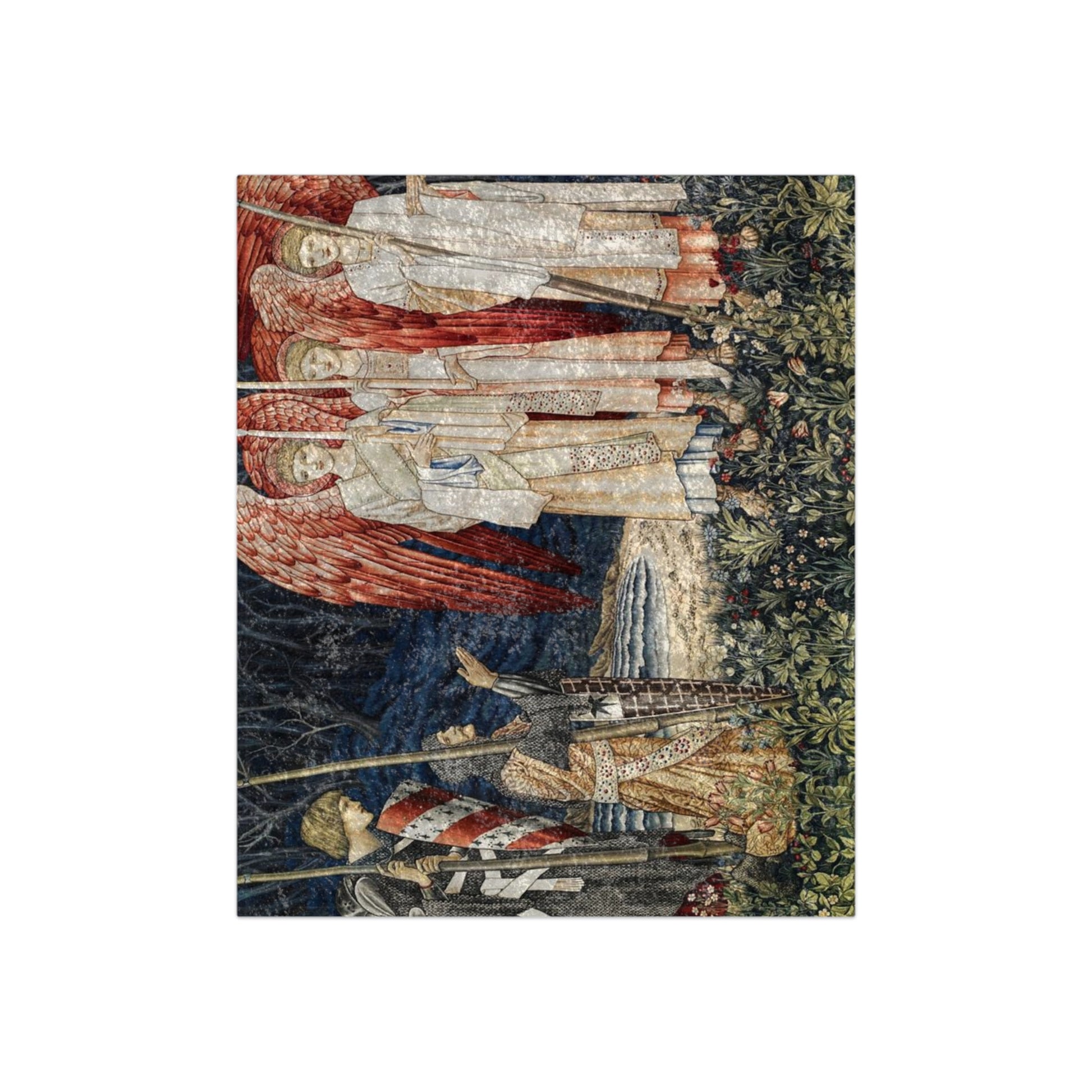 A lush crushed velvet blanket with a design inspired by William Morris, featuring red angels among other motifs.