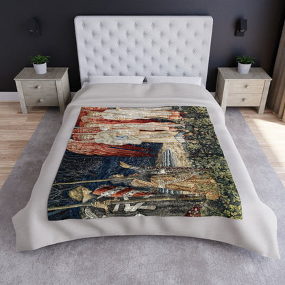 A crushed velvet blanket with a pattern inspired by William Morris' Holy Grail Collection, featuring red angels and other historical figures.