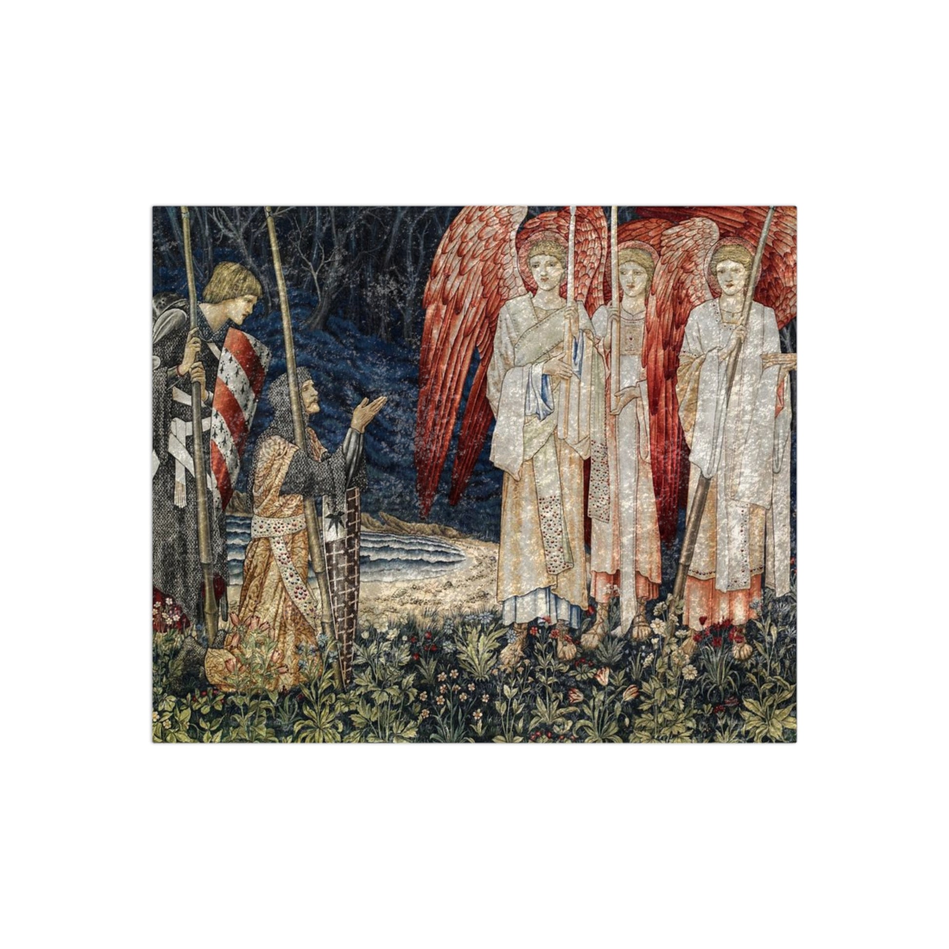 A crushed velvet blanket with a pattern inspired by William Morris' Holy Grail Collection, featuring red angels and other historical figures.