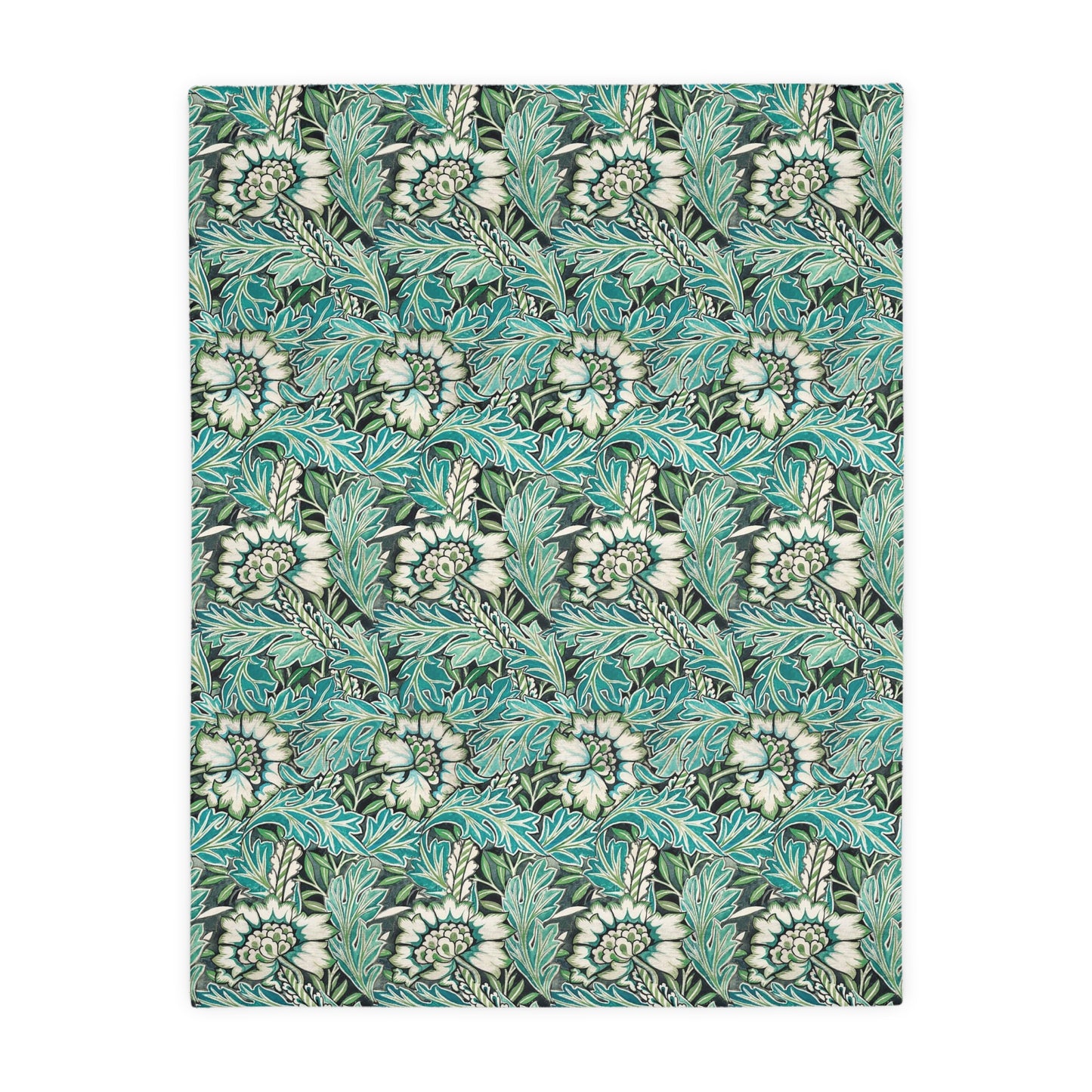 Luxury Velveteen Minky Blanket (Two-sided print) inspired by William Morris & Co for a pattern called Anemone Collection (Grey/Aqua)