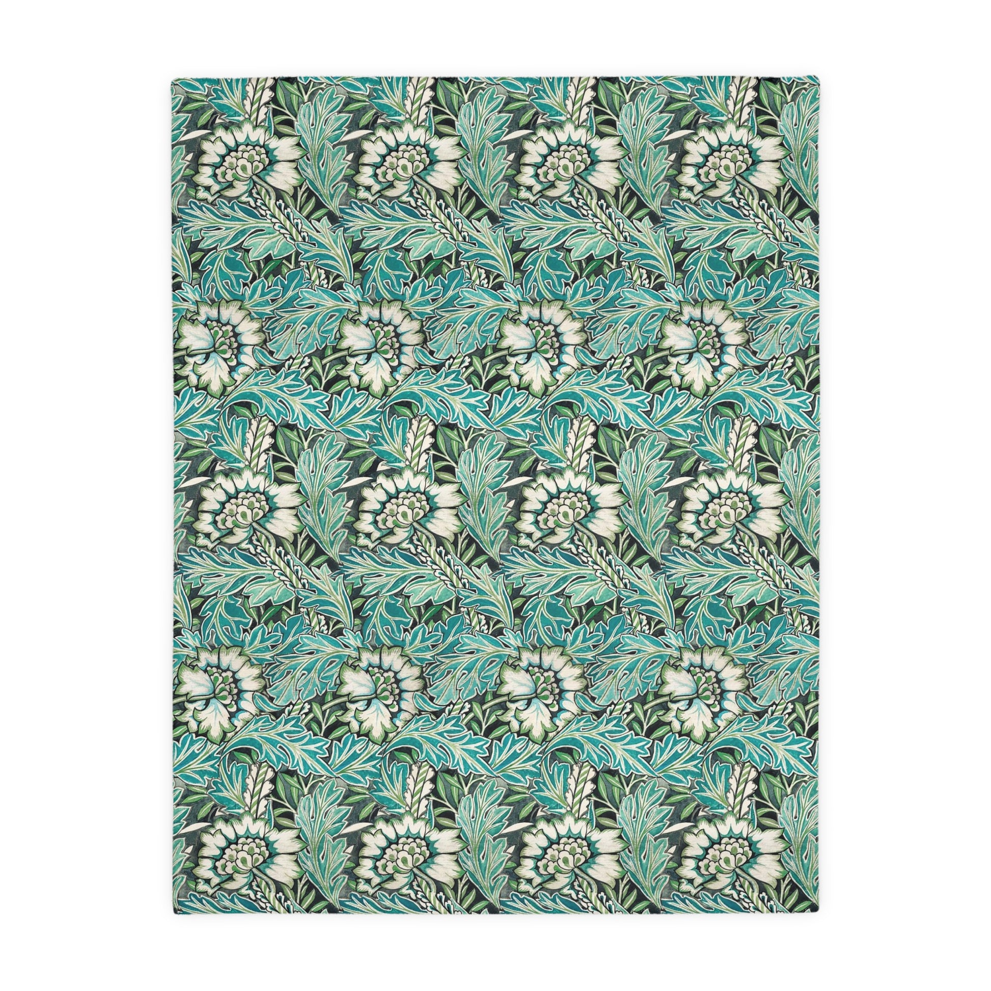 Luxury Velveteen Minky Blanket (Two-sided print) inspired by William Morris & Co for a pattern called Anemone Collection (Grey/Aqua)