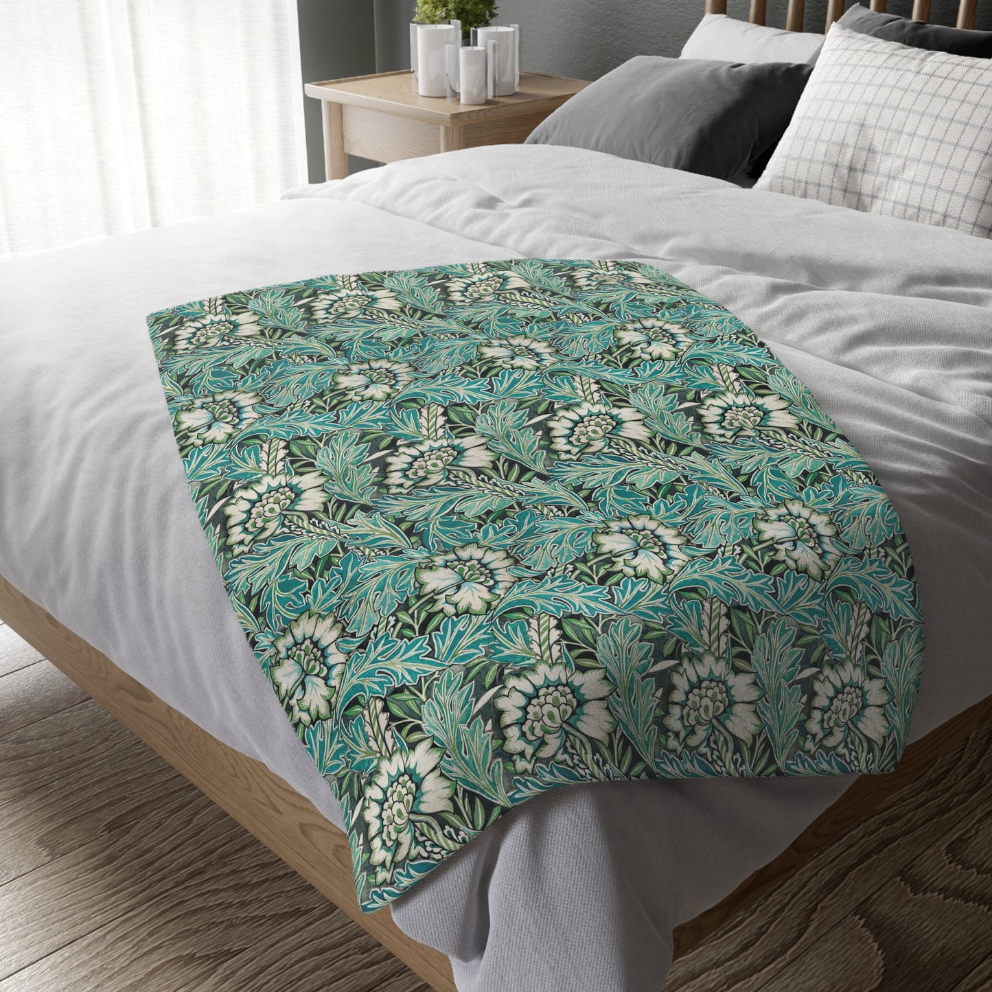 Luxury Velveteen Minky Blanket (Two-sided print) inspired by William Morris & Co for a pattern called Anemone Collection (Grey/Aqua)