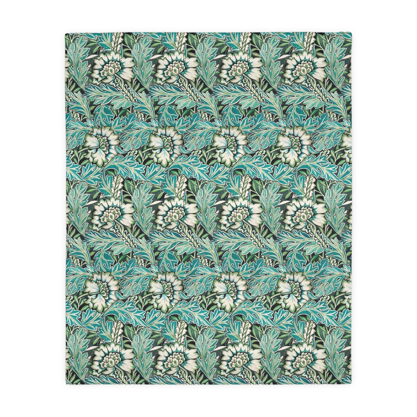 Luxury Velveteen Minky Blanket (Two-sided print) inspired by William Morris & Co for a pattern called Anemone Collection (Grey/Aqua)