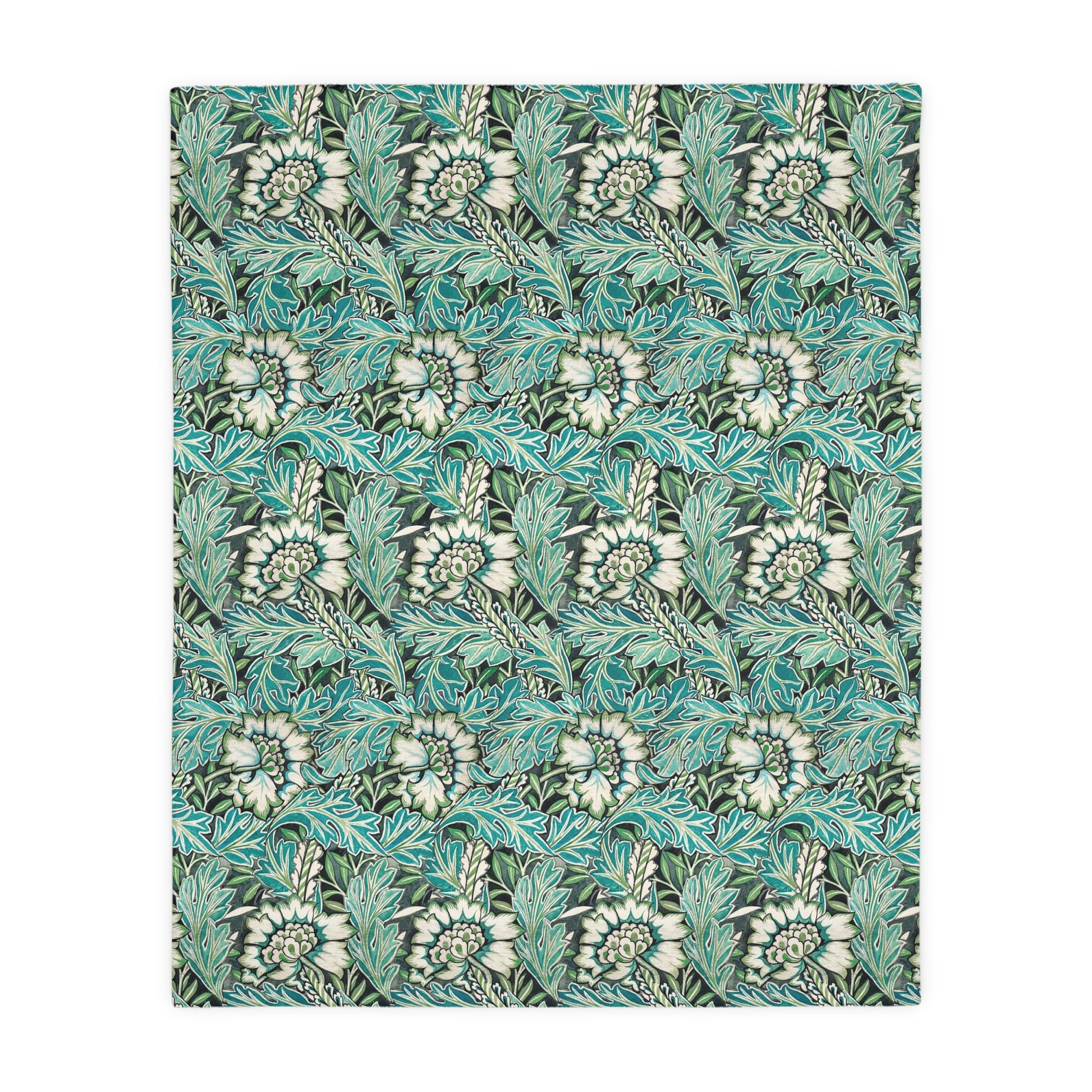 Luxury Velveteen Minky Blanket (Two-sided print) inspired by William Morris & Co for a pattern called Anemone Collection (Grey/Aqua)