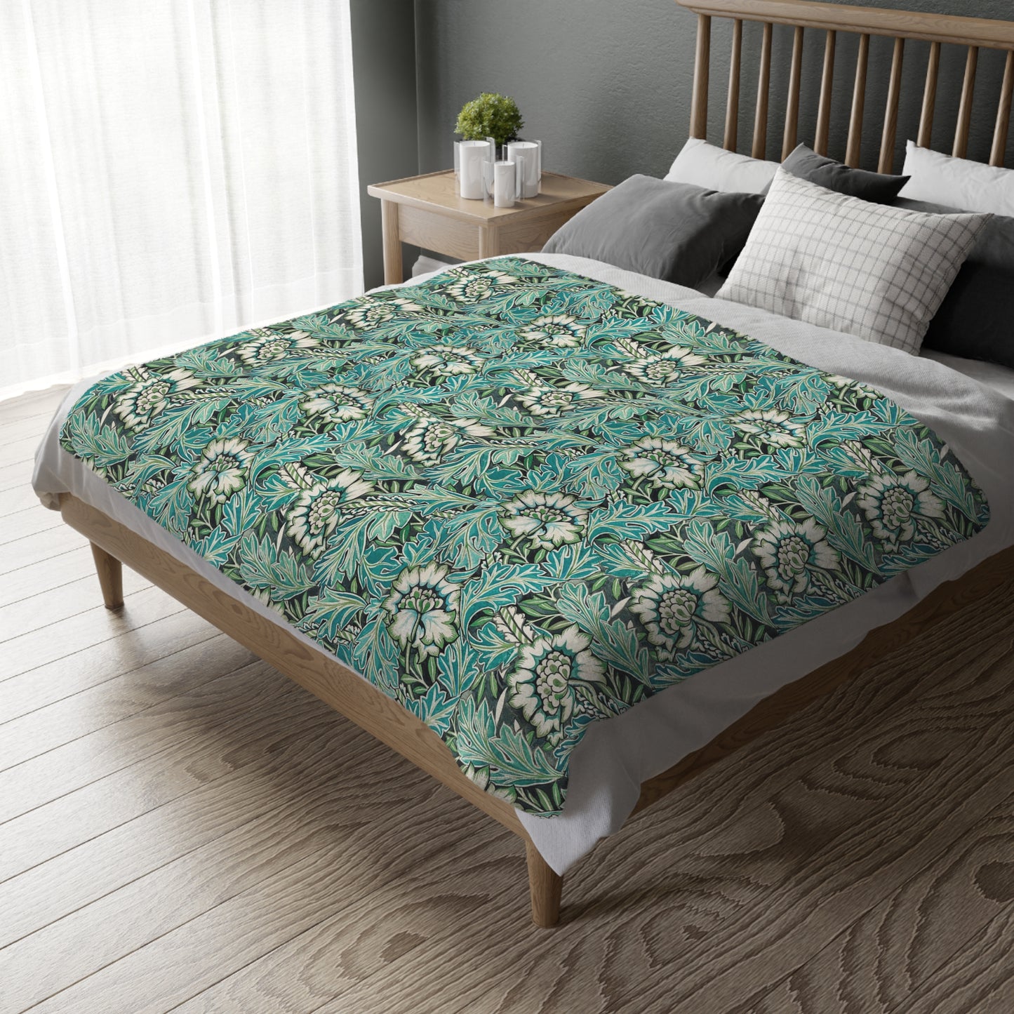 Luxury Velveteen Minky Blanket (Two-sided print) inspired by William Morris & Co for a pattern called Anemone Collection (Grey/Aqua)
