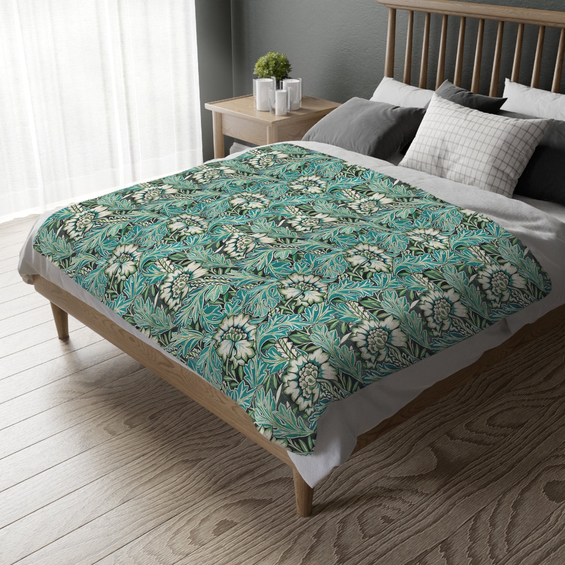 Luxury Velveteen Minky Blanket (Two-sided print) inspired by William Morris & Co for a pattern called Anemone Collection (Grey/Aqua)