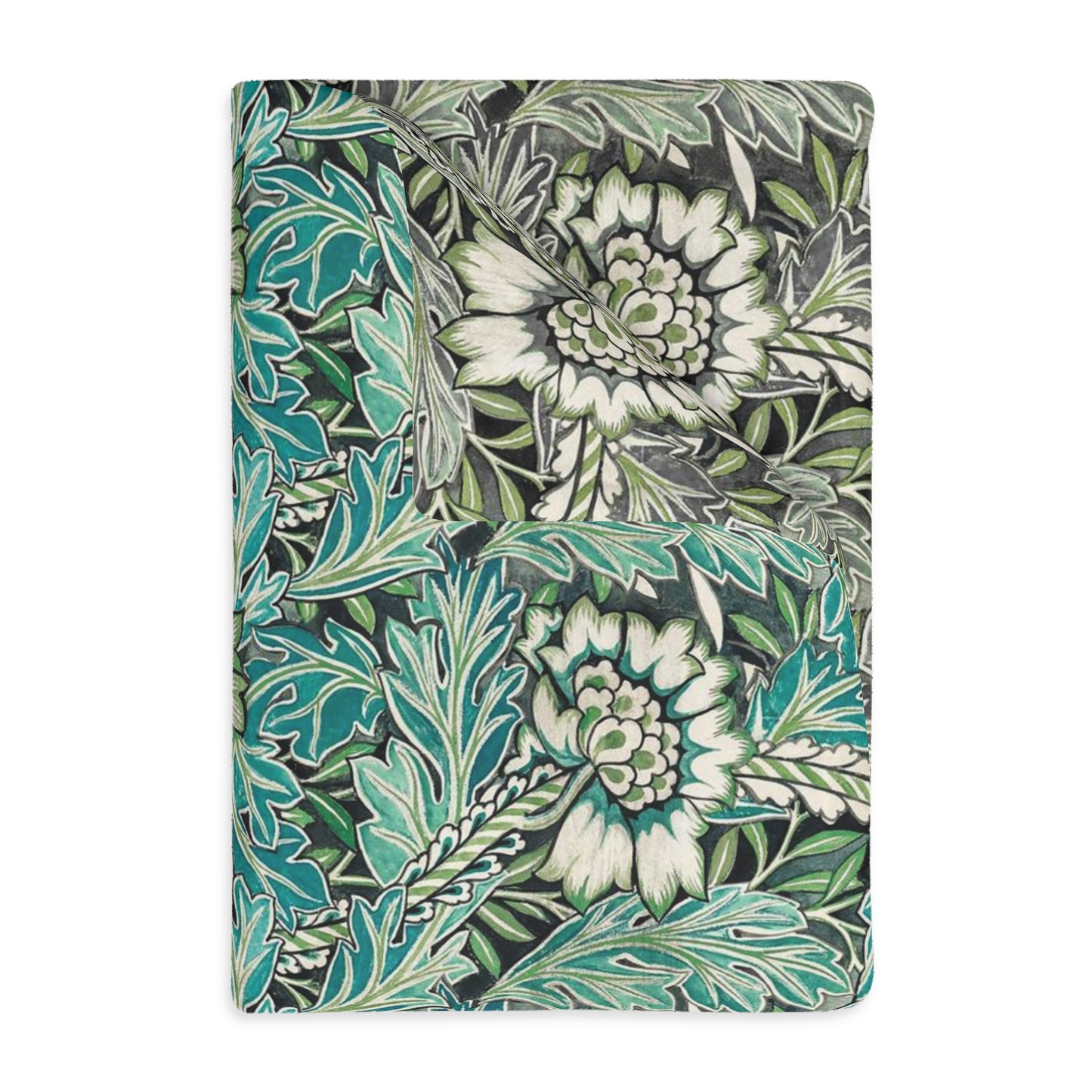 Luxury Velveteen Minky Blanket (Two-sided print) inspired by William Morris & Co for a pattern called Anemone Collection (Grey/Aqua)