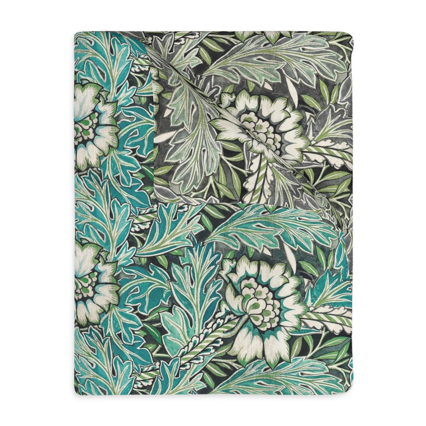 Luxury Velveteen Minky Blanket (Two-sided print) inspired by William Morris & Co for a pattern called Anemone Collection (Grey/Aqua)