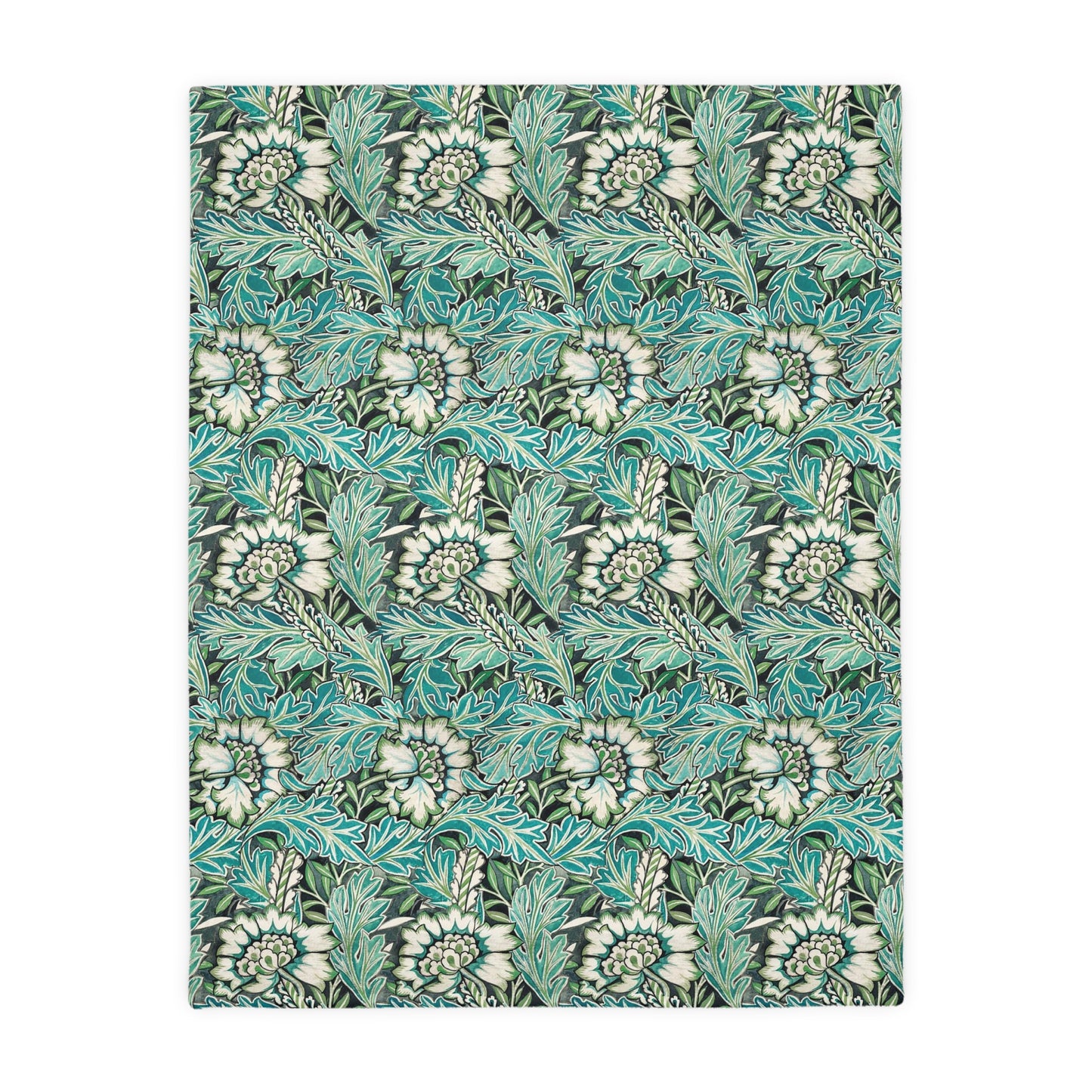 Luxury Velveteen Minky Blanket (Two-sided print) inspired by William Morris & Co for a pattern called Anemone Collection (Grey/Aqua)