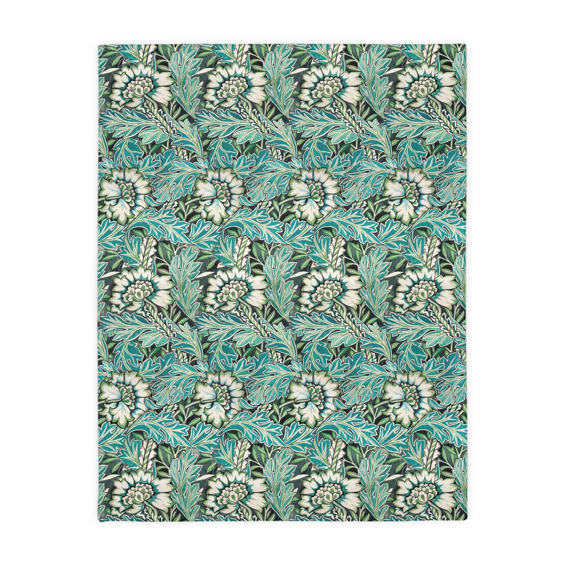 Luxury Velveteen Minky Blanket (Two-sided print) inspired by William Morris & Co for a pattern called Anemone Collection (Grey/Aqua)