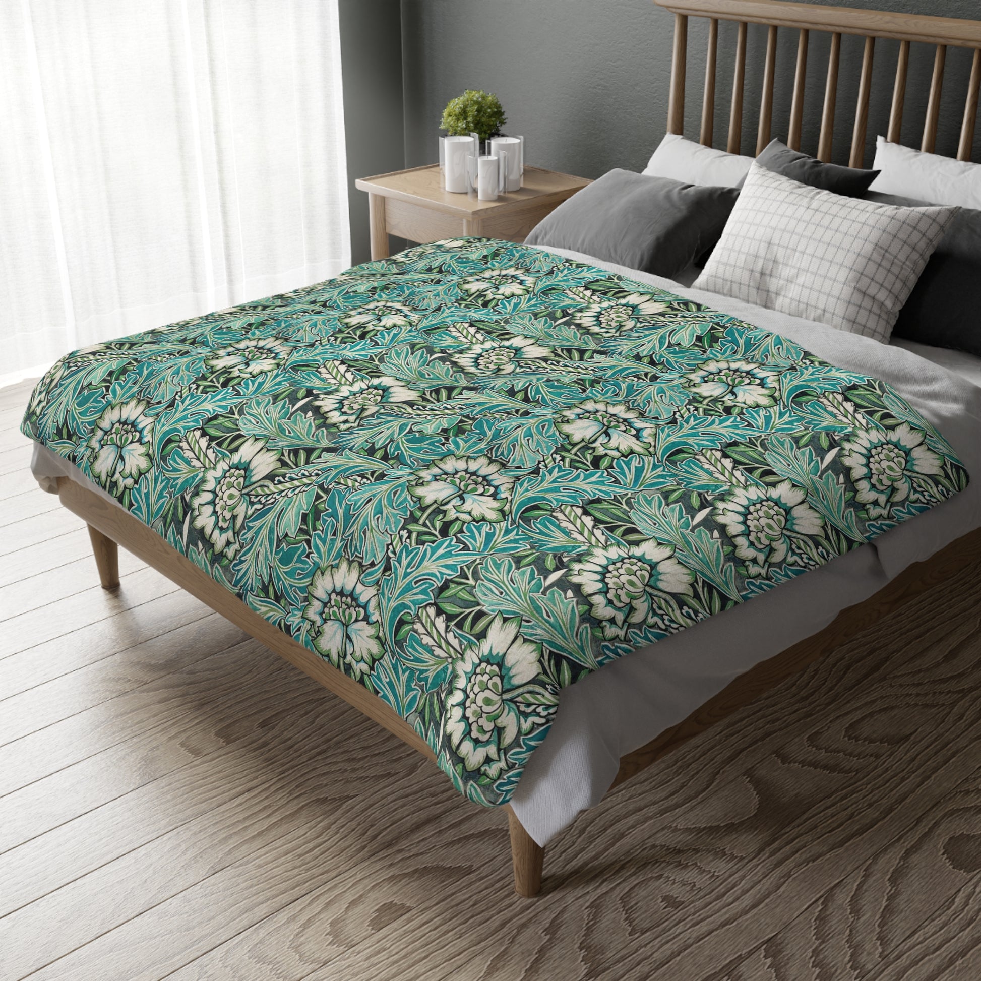 Luxury Velveteen Minky Blanket (Two-sided print) inspired by William Morris & Co for a pattern called Anemone Collection (Grey/Aqua)