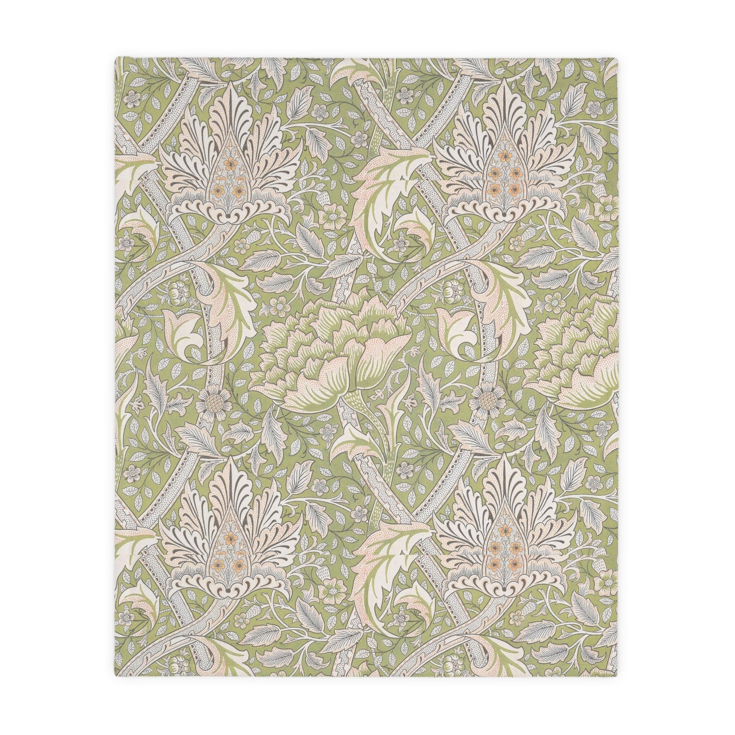 A luxury velveteen minky blanket with a two-sided print featuring William Morris & Co floral and leaf designs in green, pink, and beige tones.
