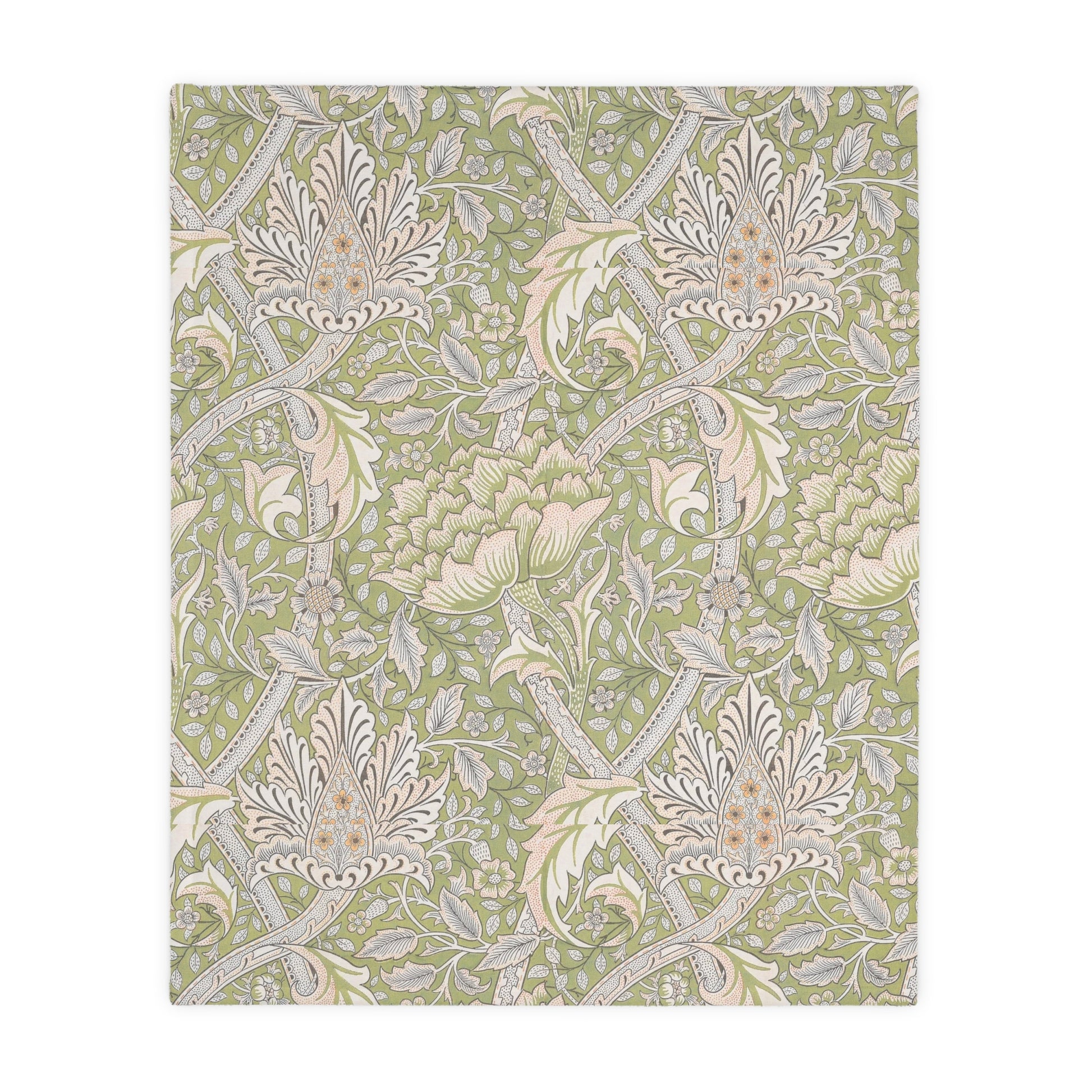 A luxury velveteen minky blanket with a two-sided print featuring William Morris & Co floral and leaf designs in green, pink, and beige tones.