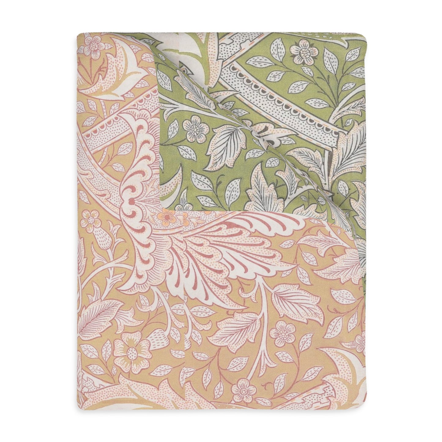 A luxury velveteen minky blanket with a two-sided print featuring William Morris & Co floral and leaf designs in green, pink, and beige tones.