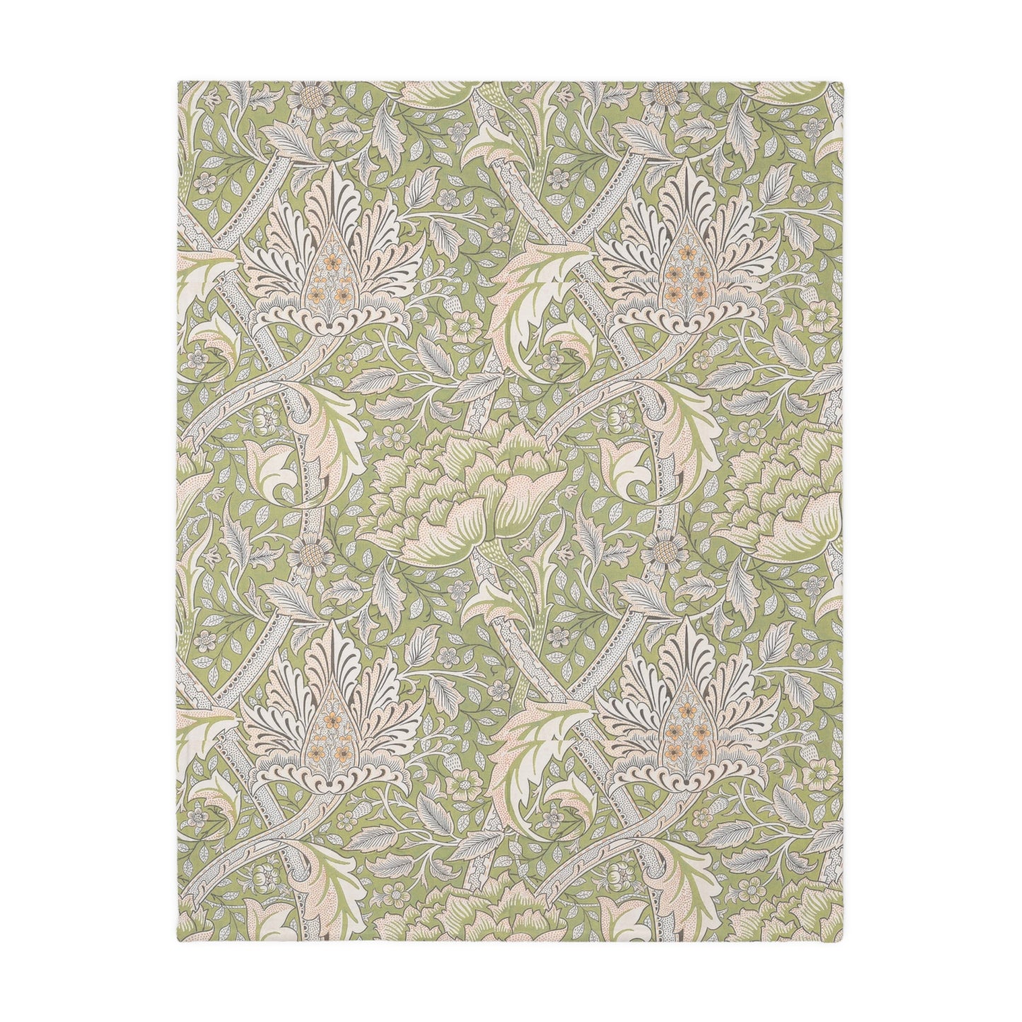 A luxury velveteen minky blanket with a two-sided print featuring William Morris & Co floral and leaf designs in green, pink, and beige tones.