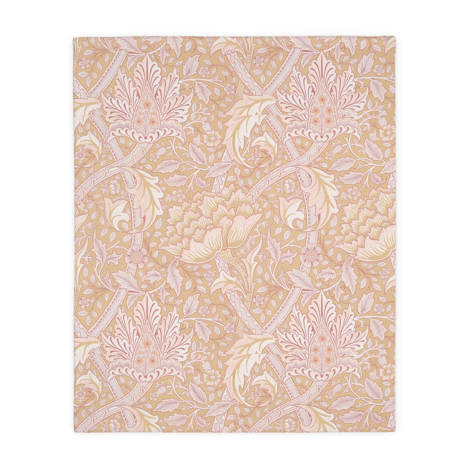 A luxury velveteen minky blanket with a two-sided print featuring William Morris & Co floral and leaf designs in green, pink, and beige tones.