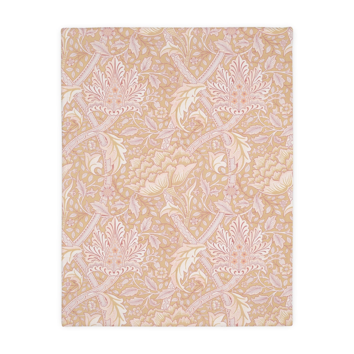 A luxury velveteen minky blanket with a two-sided print featuring William Morris & Co floral and leaf designs in green, pink, and beige tones.